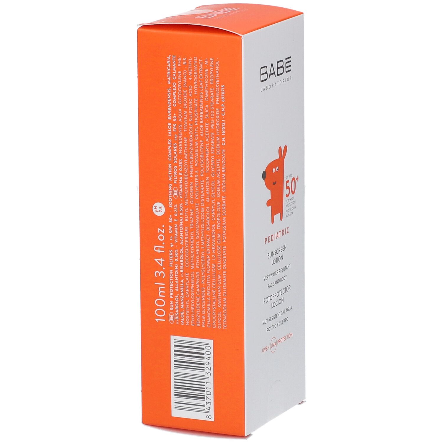 Emballage carton, logo BABE, dessin enfant, texte: PEDIATRIC, lotion solaire SPF 50+. Volume: 100ml.