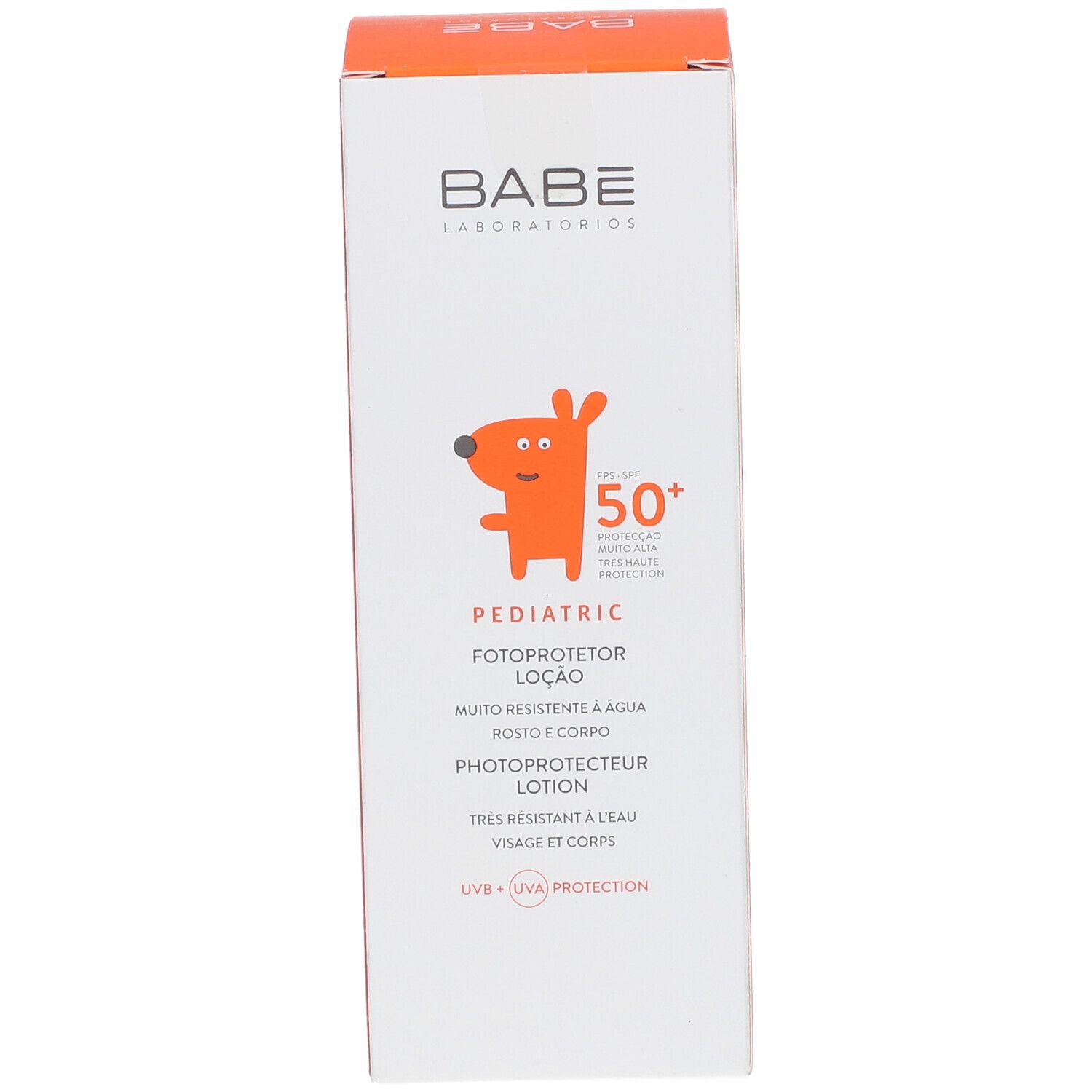 Emballage carton, logo BABE, dessin enfant, texte: PEDIATRIC, lotion solaire SPF 50+. Informations produit multilingues.
