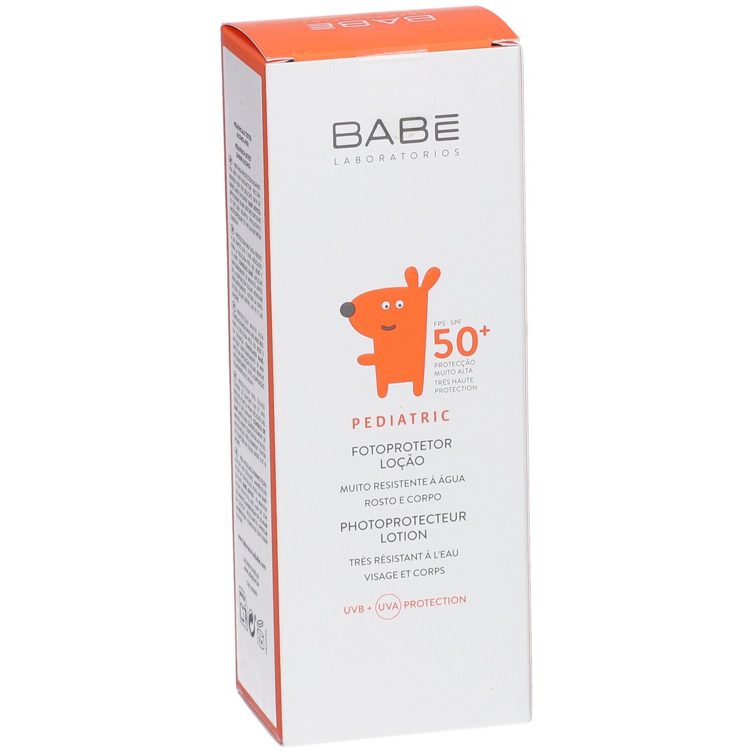Emballage carton, logo BABE, dessin enfant, texte: PEDIATRIC, lotion solaire SPF 50+. Informations produit multilingues.
