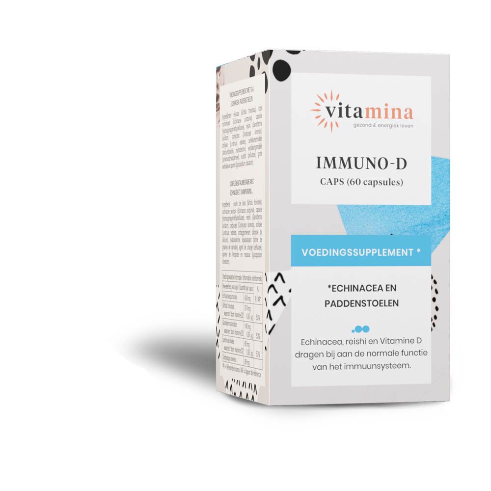 Gélules Vitamina Immuno-D : Flacon et boîte, étiquette avec 'Complément alimentaire'.