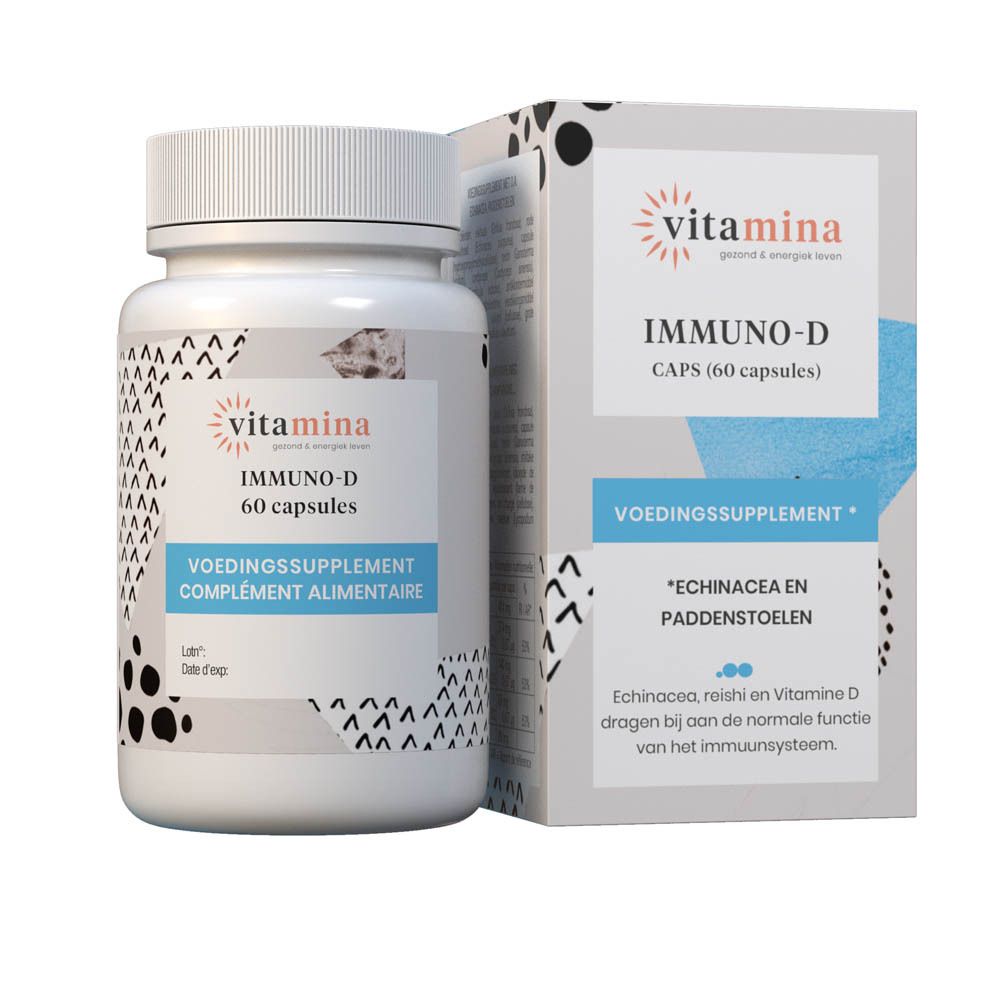 Gélules Vitamina Immuno-D : Boîte avec 'Complément alimentaire' et 'Echinacée et champignons'.