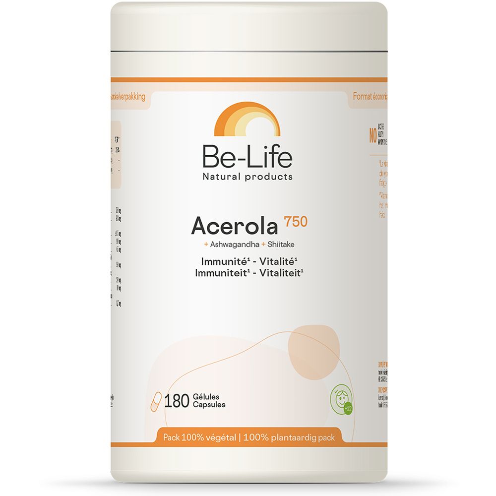 Boîte blanche Be-Life Acerola 750. Inscription: Acerola 750, 180 gélules. Logo: Be-Life Natural products. Contient Ashwagandha et Shiitake.