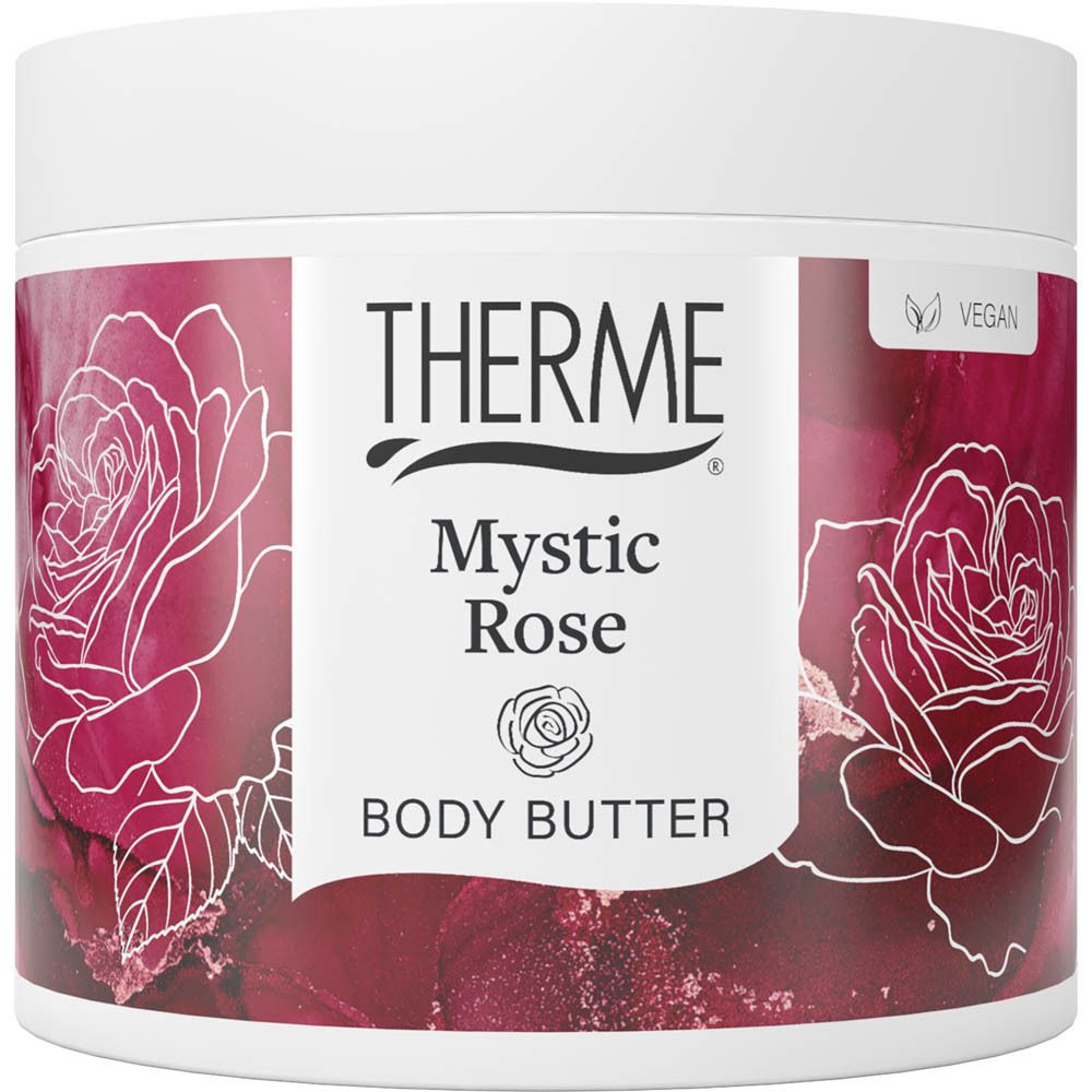 Pot blanc avec bande rouge. Inscription THERME, Mystic Rose, Body Butter. Illustrations de roses. Logo végan.
