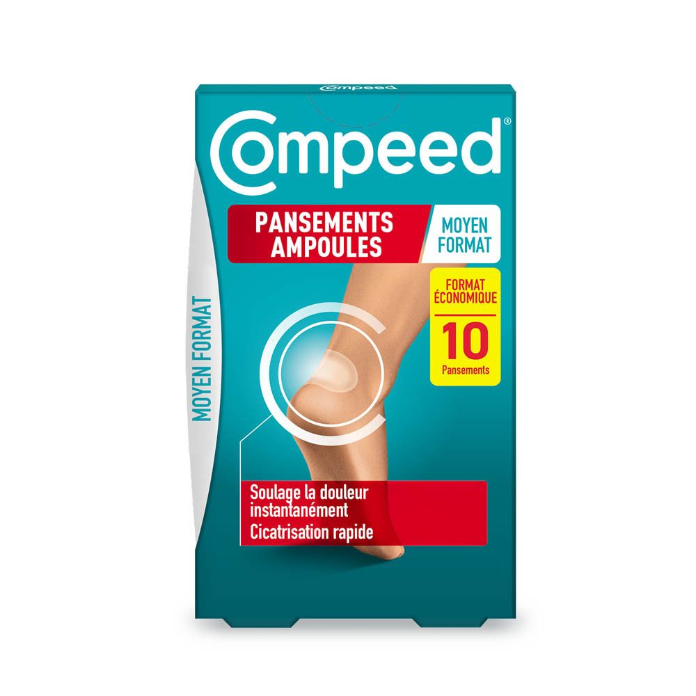 Compeed® Pansements Ampoules Moyen Format. Boîte avec pied et pansement. 10 pansements.