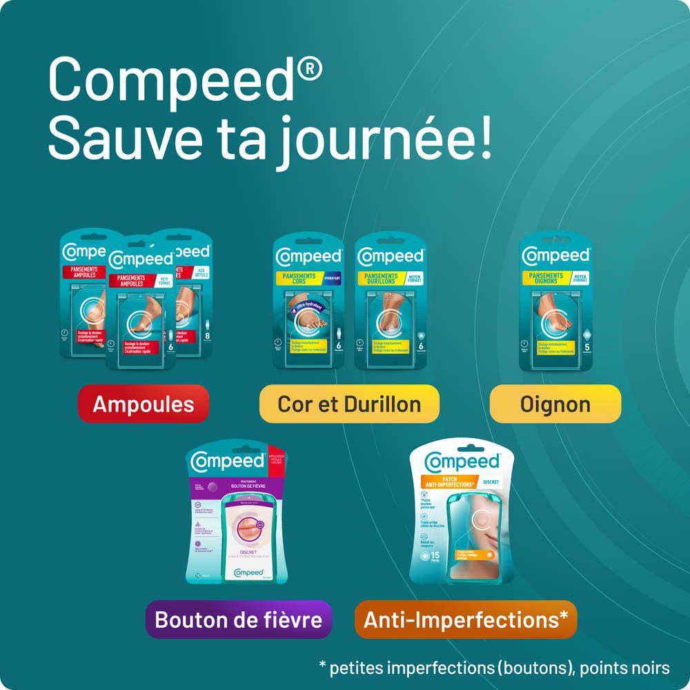 Gamme Compeed®. Ampoules, cors, oignons, boutons de fièvre, anti-imperfections. Logo Compeed®.
