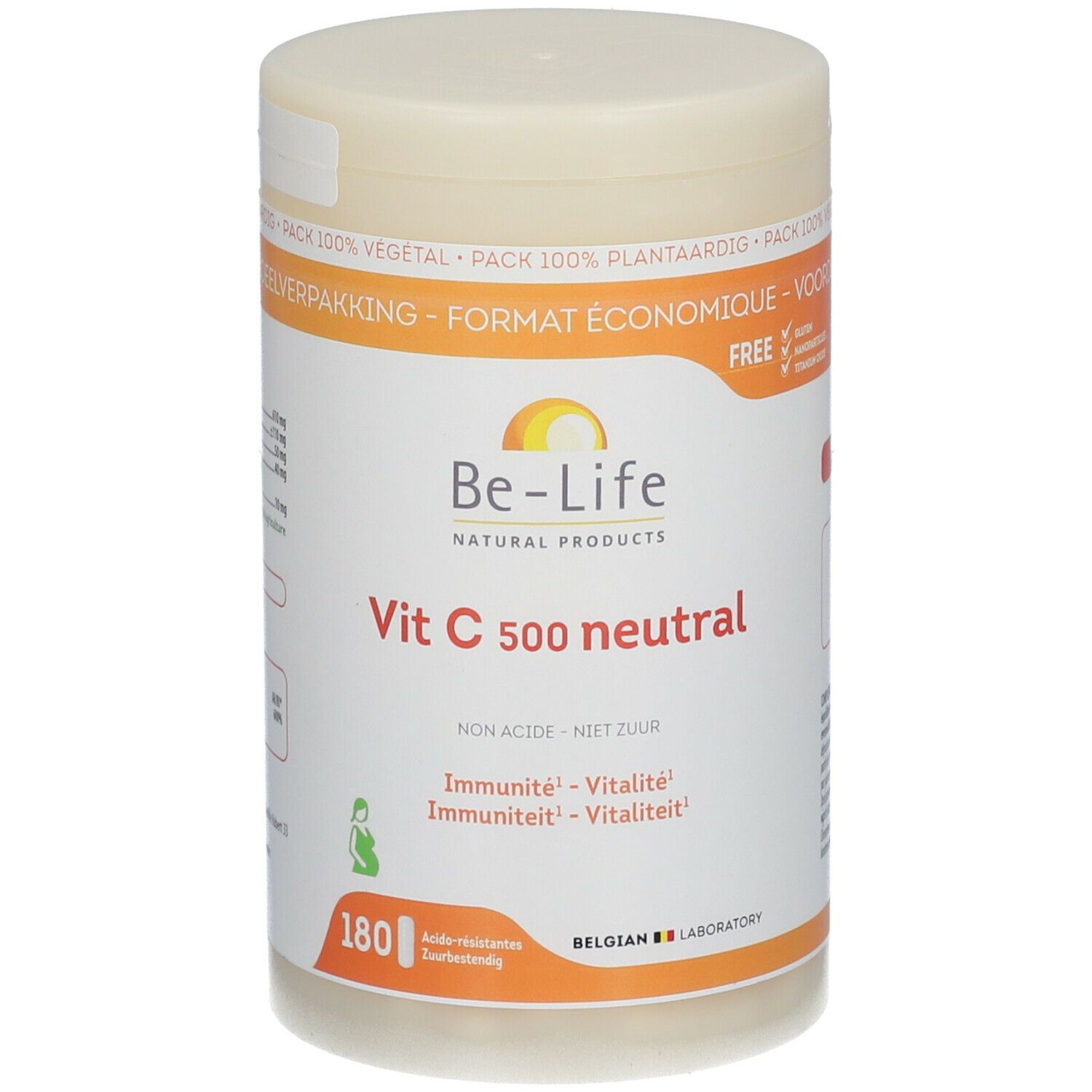 Boîte de Be-Life Vit C 500 neutral. Boîte blanche avec couvercle. Texte: Vit C 500 neutral, 180 comprimés, végétal.