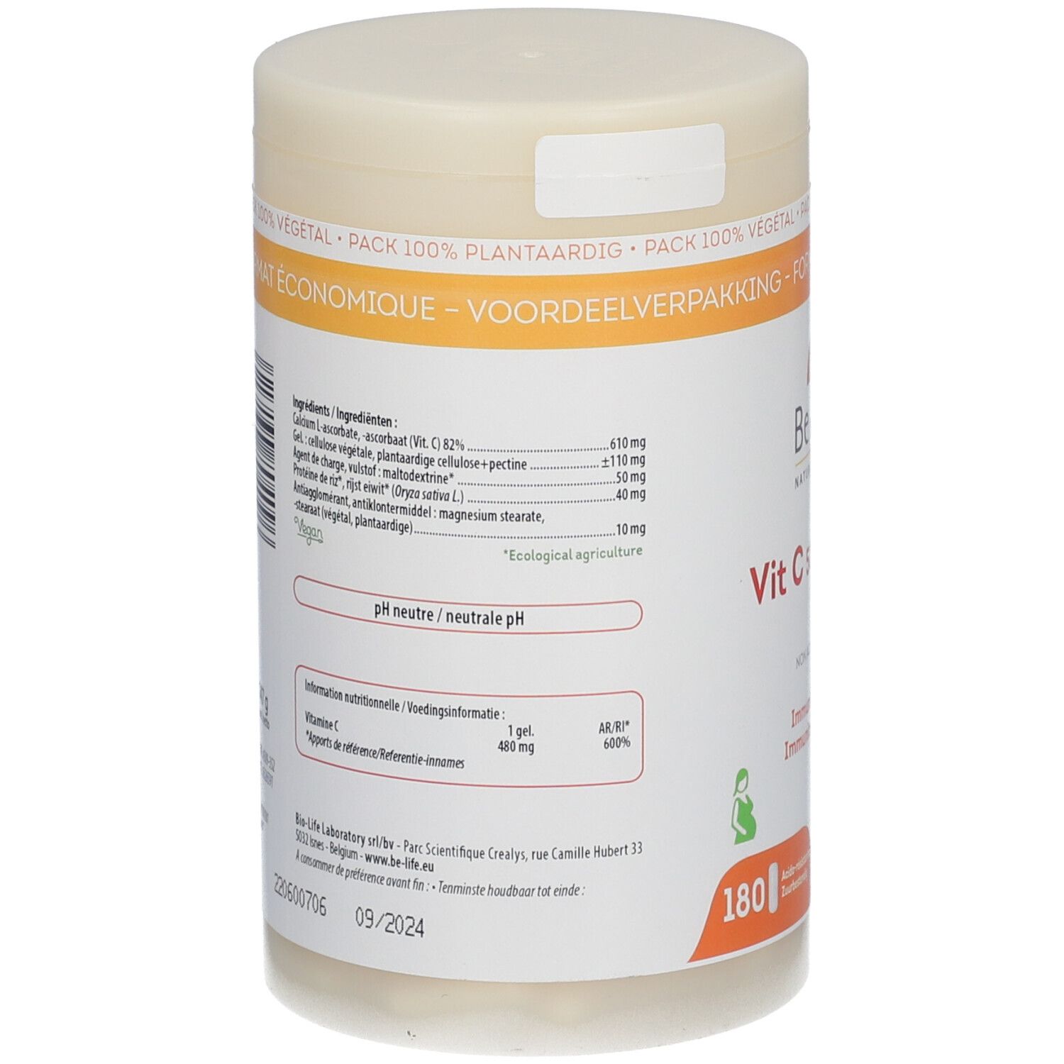 Dos de la boîte Be-Life Vit C 500 neutral. Contient la liste des ingrédients, les informations nutritionnelles et le fabricant. pH neutre.
