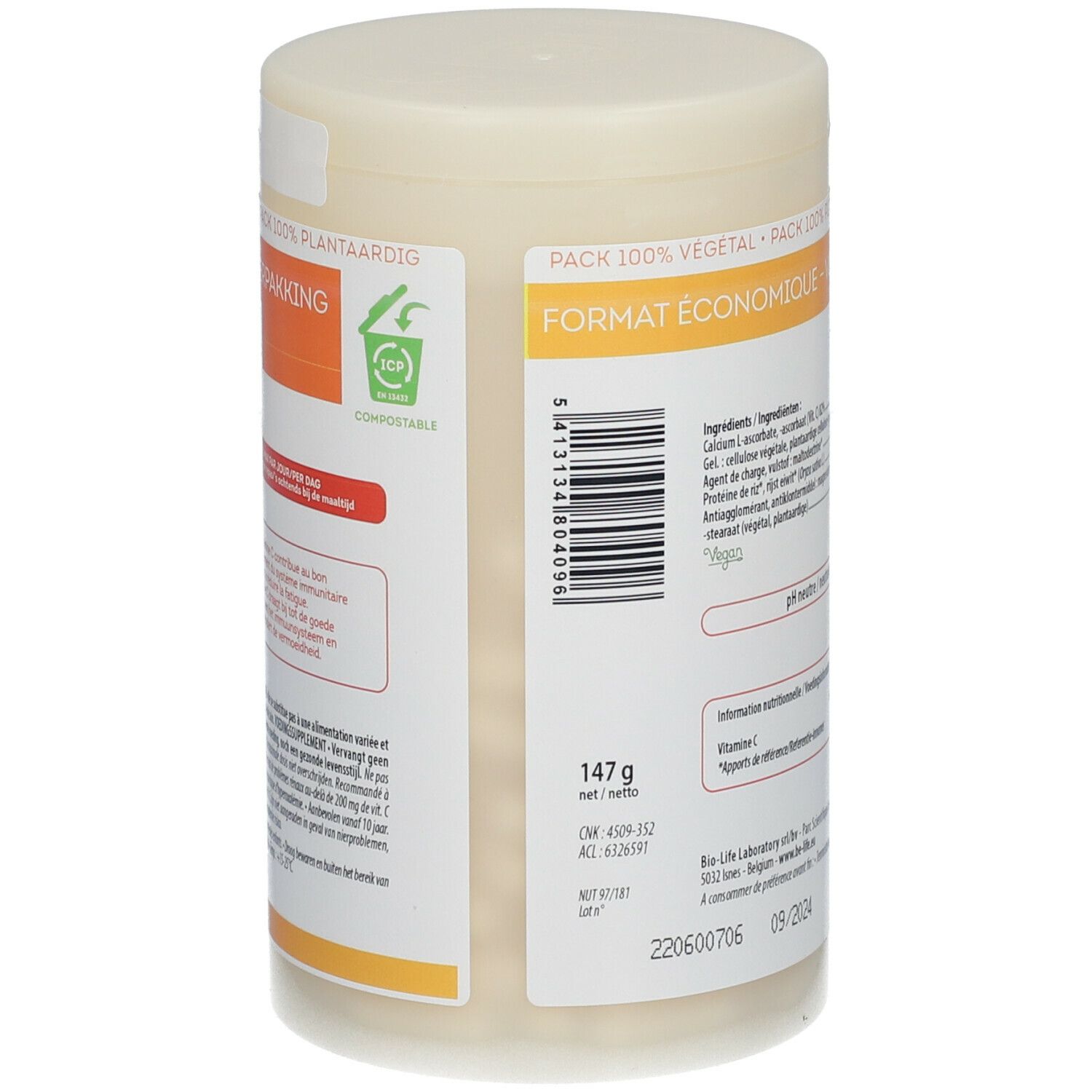 Vue latérale de la boîte Be-Life Vit C 500 neutral. Contient un code-barres, poids 147g et date de péremption 09/2024.