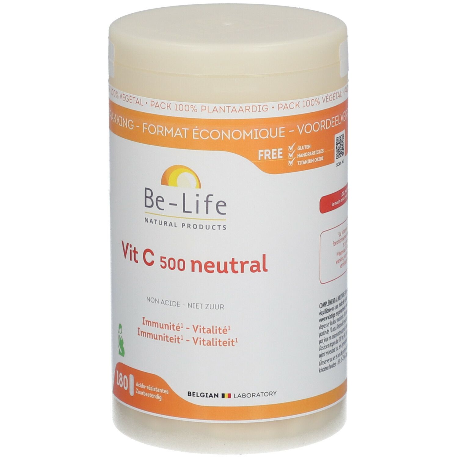 Boîte Be-Life Vit C 500 neutral. Boîte blanche avec couvercle. Texte: Vit C 500 neutral, 180 comprimés, végétal.