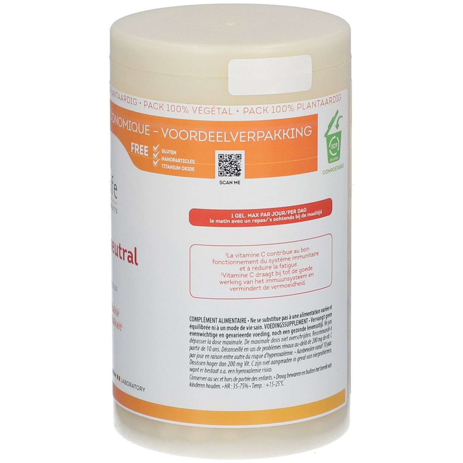 Dos de la boîte Be-Life Vit C 500 neutral. Contient texte sur la vitamine C, sans gluten, végétalien et code QR.