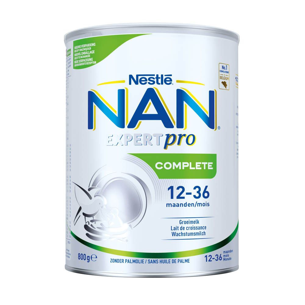 Boîte Nestlé NAN ExpertPro Complete. Design vert et blanc. Inscription: Complete, 12-36 mois, 800g.
