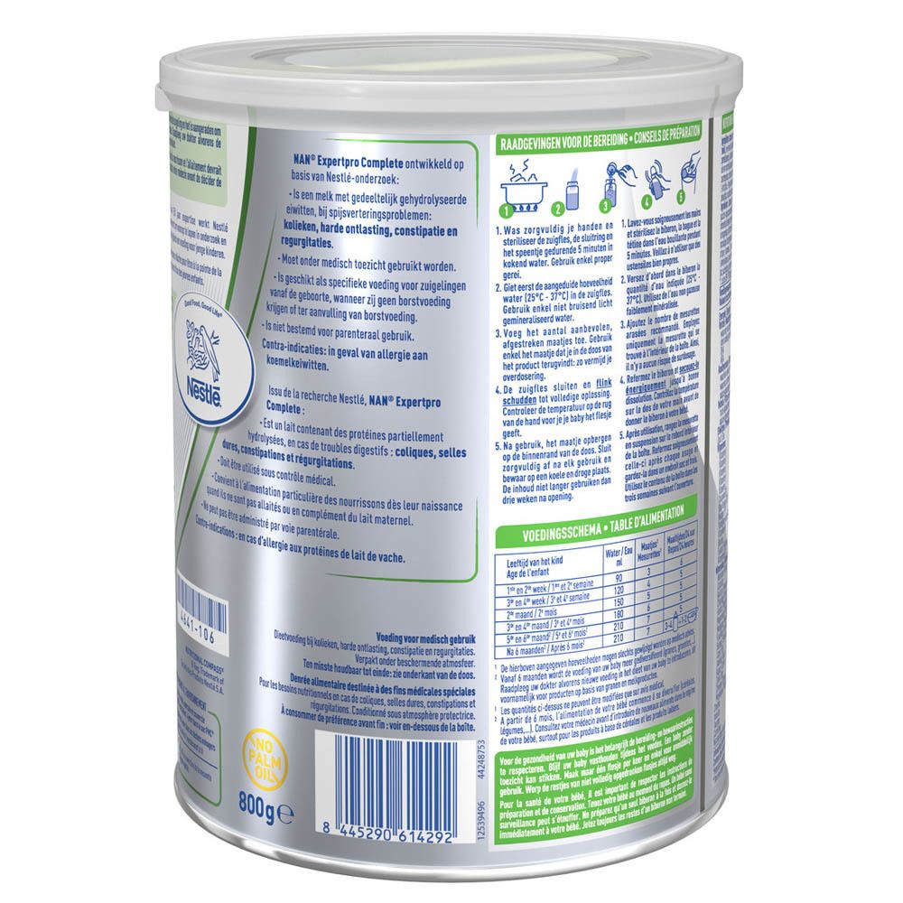 Dos de la boîte Nestlé NAN ExpertPro. Contient informations de préparation et nutritionnelles. Fond blanc.