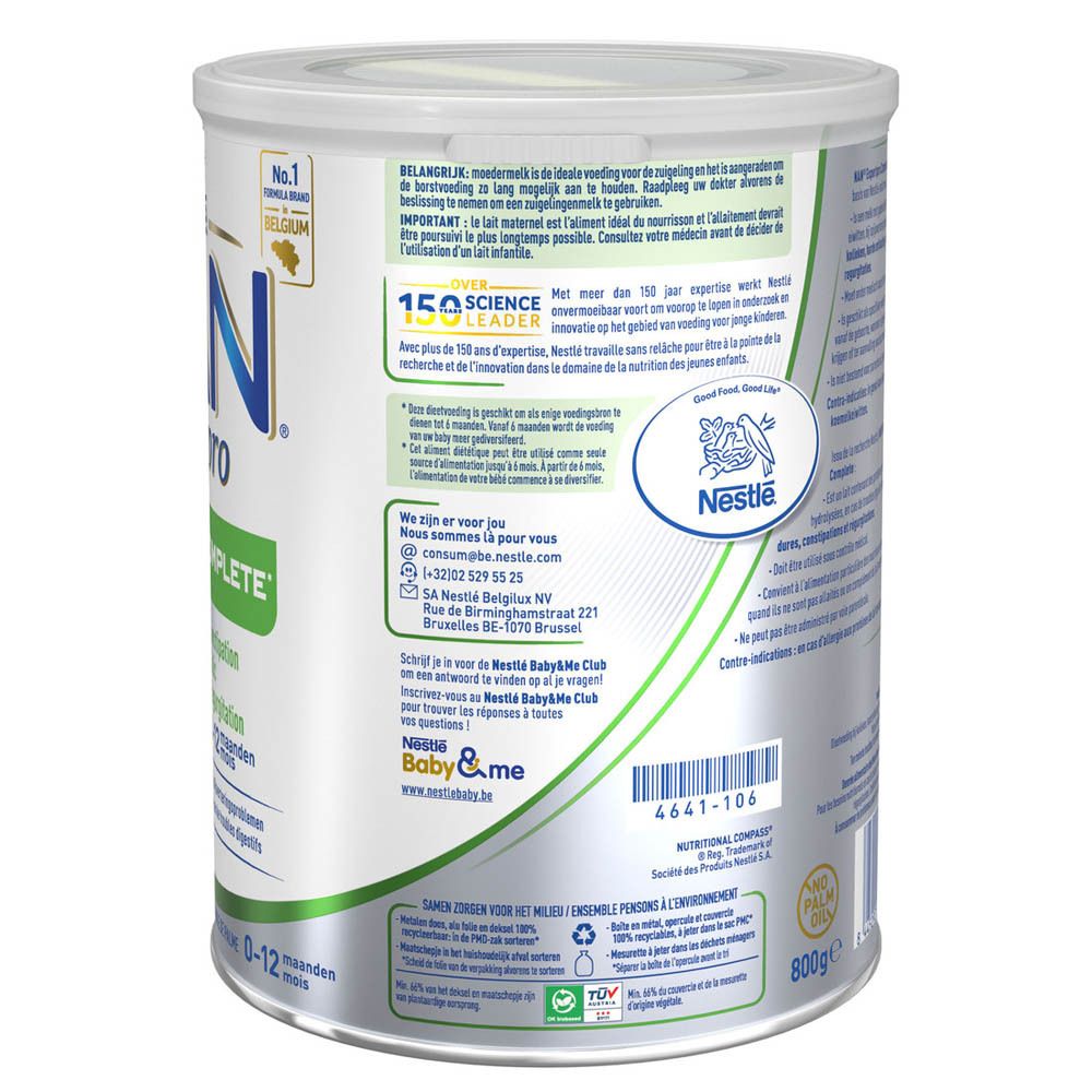Dos de la boîte Nestlé NAN ExpertPro. Contient informations, code QR et coordonnées. Fond blanc.