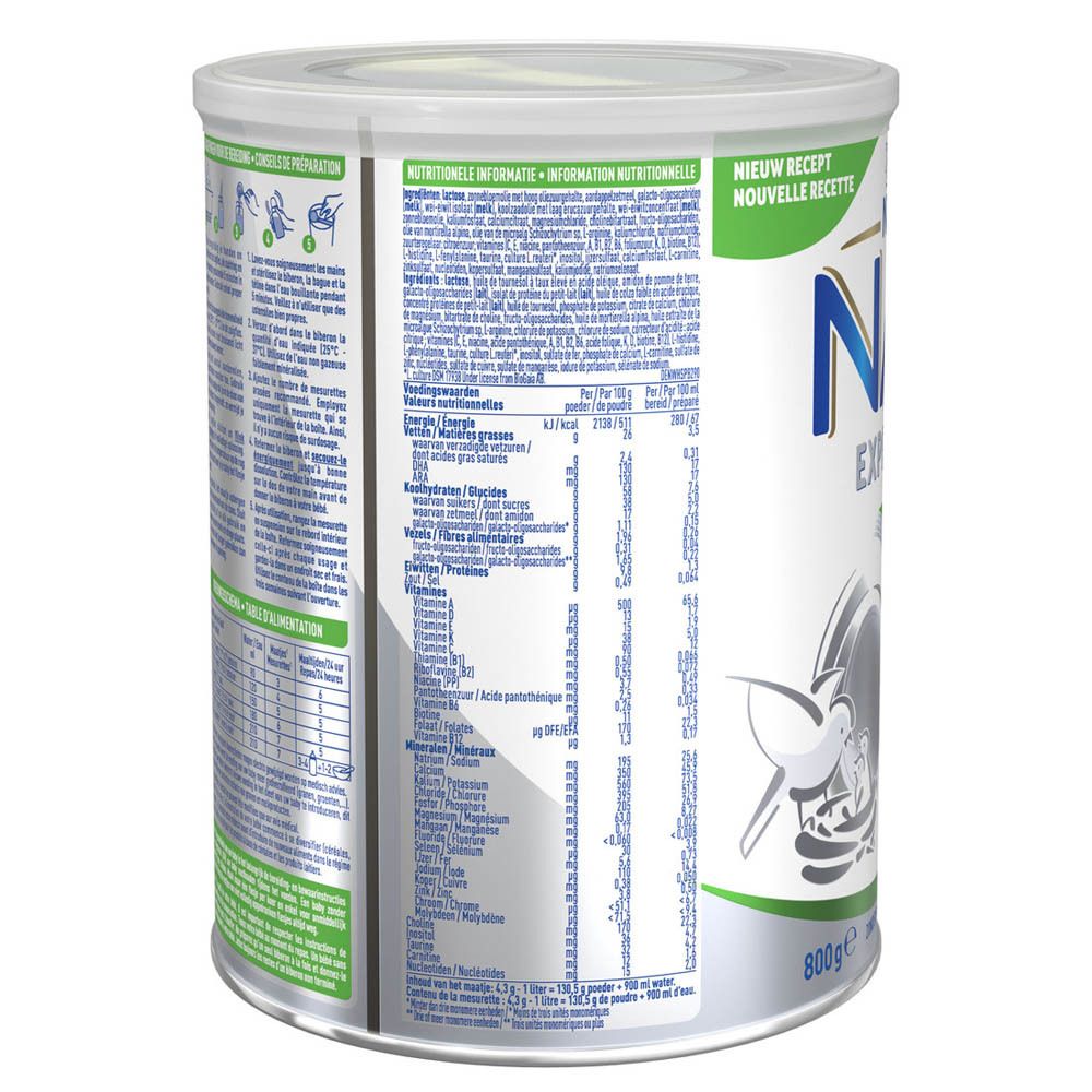 Dos de la boîte Nestlé NAN ExpertPro. Contient informations nutritionnelles et liste des ingrédients. Fond blanc.