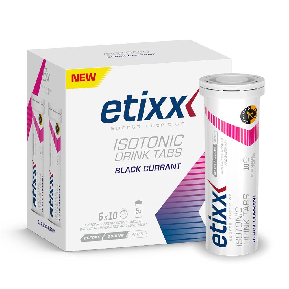 Etixx Isotonic Drink Tabs, tube de 10 comprimés effervescents. Cassis. Boîte et tube.