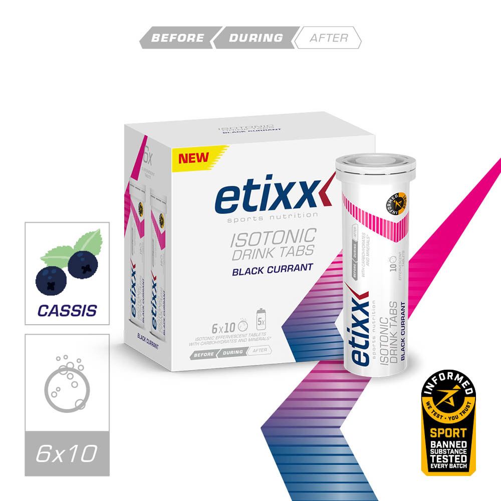 Etixx Isotonic Drink Tabs, illustration du produit. Cassis. 6x10 comprimés.