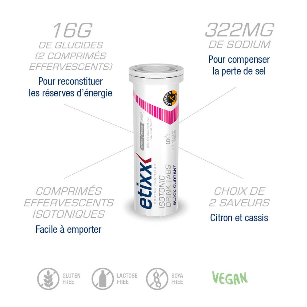 Etixx Isotonic Drink Tabs, tube de 10 comprimés effervescents. Cassis. Illustration du produit.