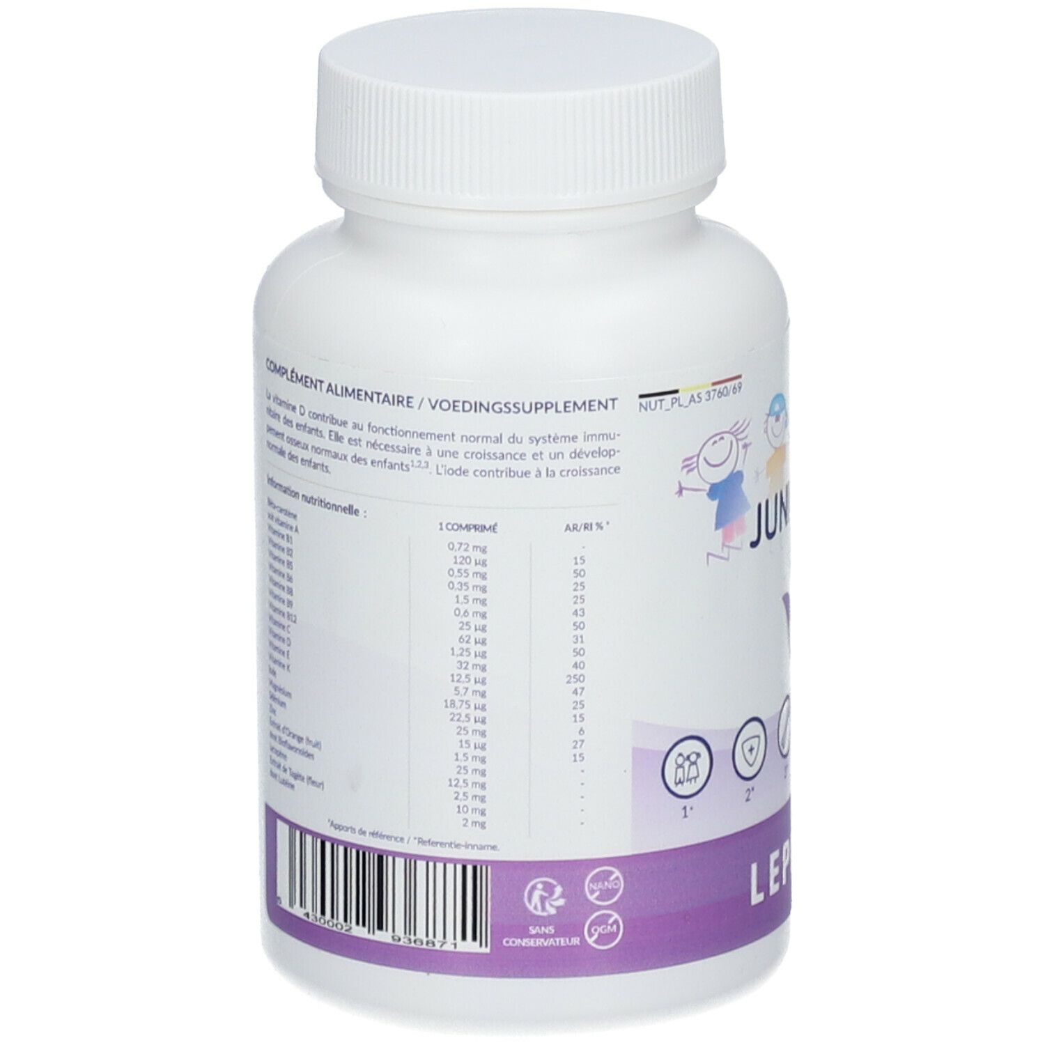 Flacon blanc LEPIVITS® JUNIOR VITS. Complément alimentaire. Contient des vitamines et minéraux. Code-barres visible.