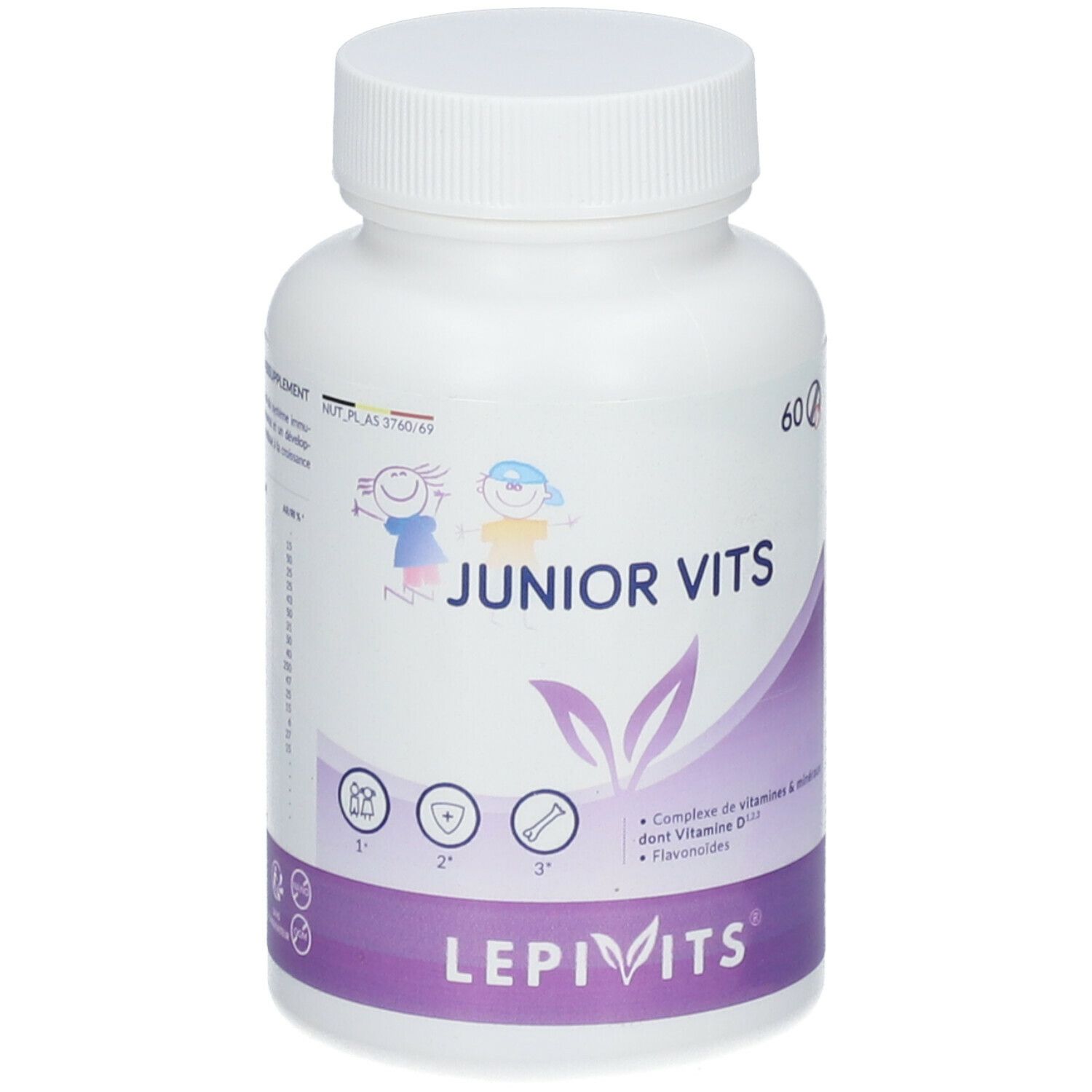 Flacon blanc LEPIVITS® JUNIOR VITS. Inscription: 60 comprimés. Étiquette violette et blanche avec illustrations et logo.