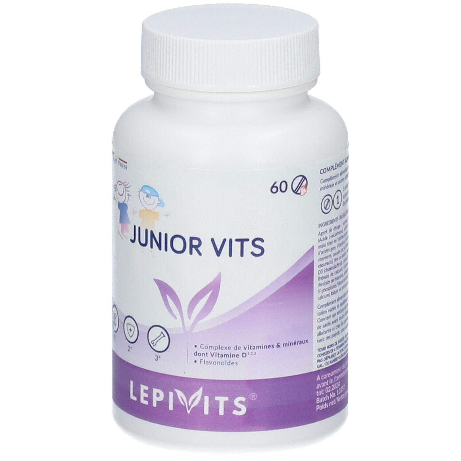Flacon blanc LEPIVITS® JUNIOR VITS. Inscription: 60 comprimés. Étiquette violette et blanche avec informations produit.
