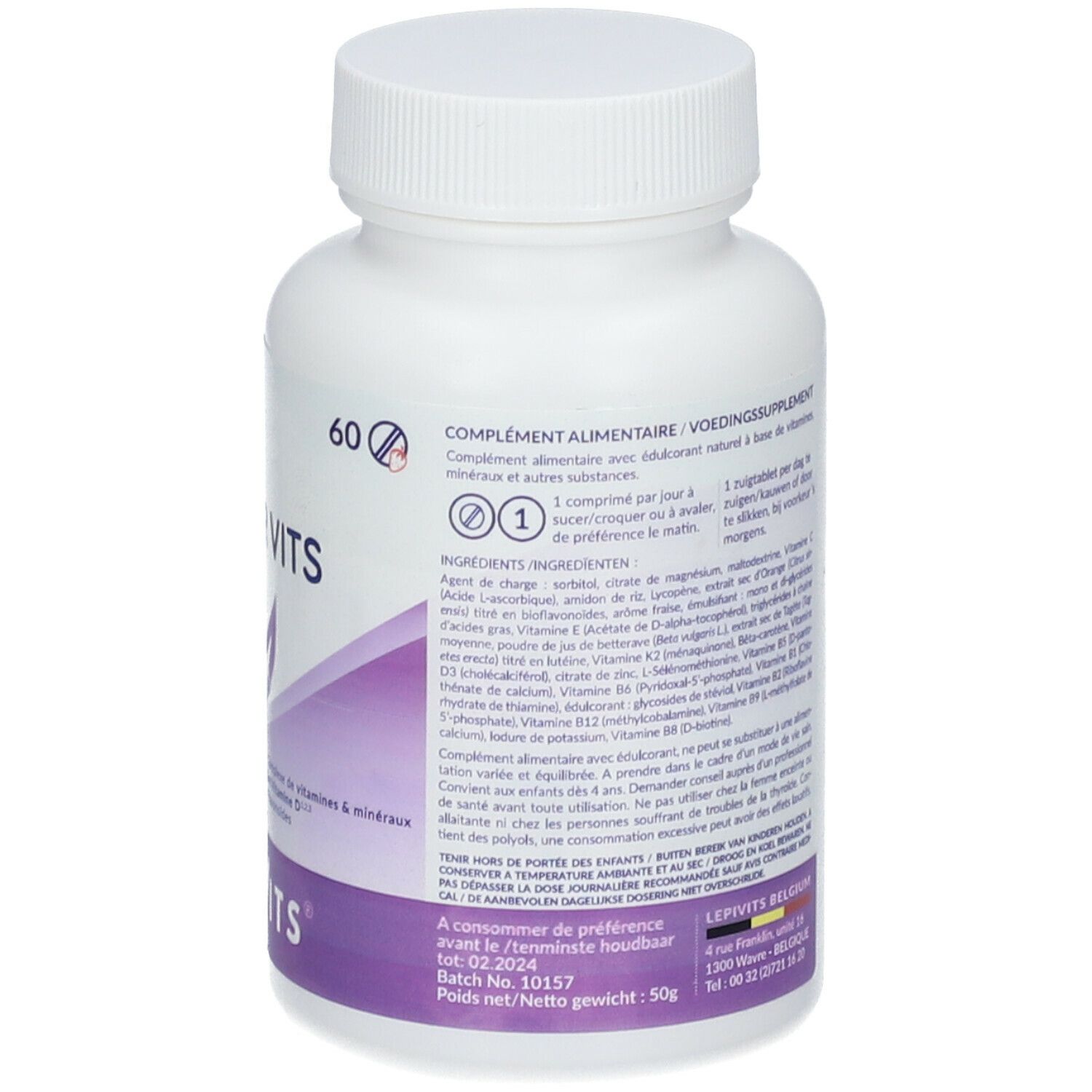 Flacon blanc LEPIVITS® JUNIOR VITS. Inscription: 60 comprimés. Dos avec ingrédients et informations fabricant.