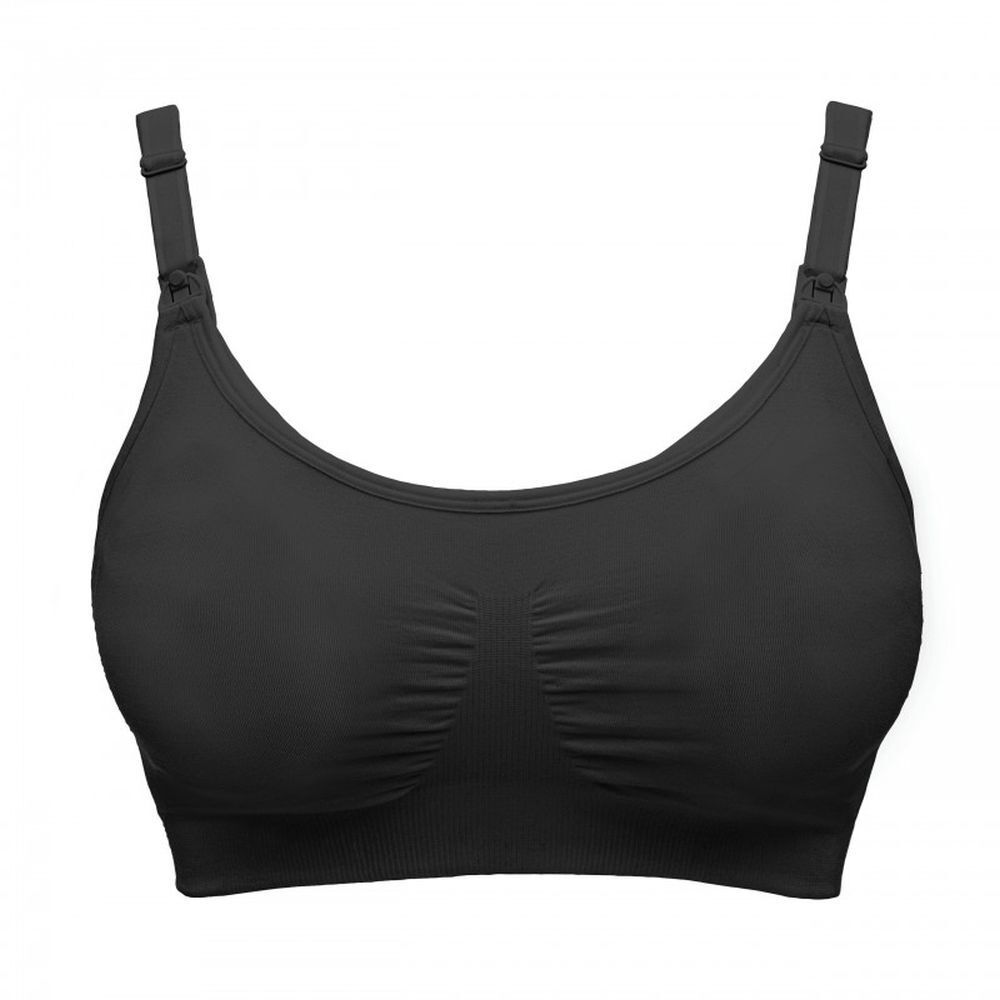 Soutien-gorge d'allaitement noir. Conception sans couture avec bretelles réglables. Devant avec structure légèrement côtelée.