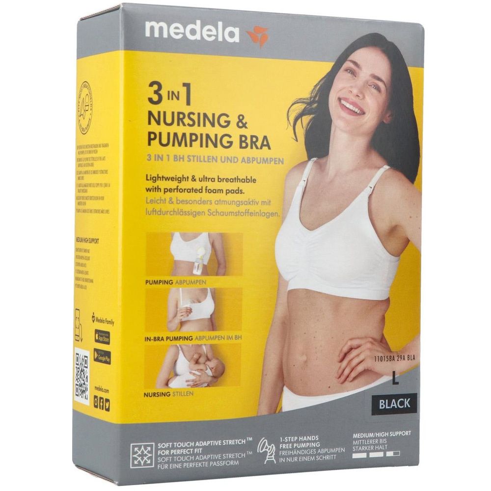 Boîte de soutien-gorge d'allaitement Medela 3 en 1, noir, taille L. Inscription : Nursing & Pumping Bra. Femme portant le soutien-gorge.