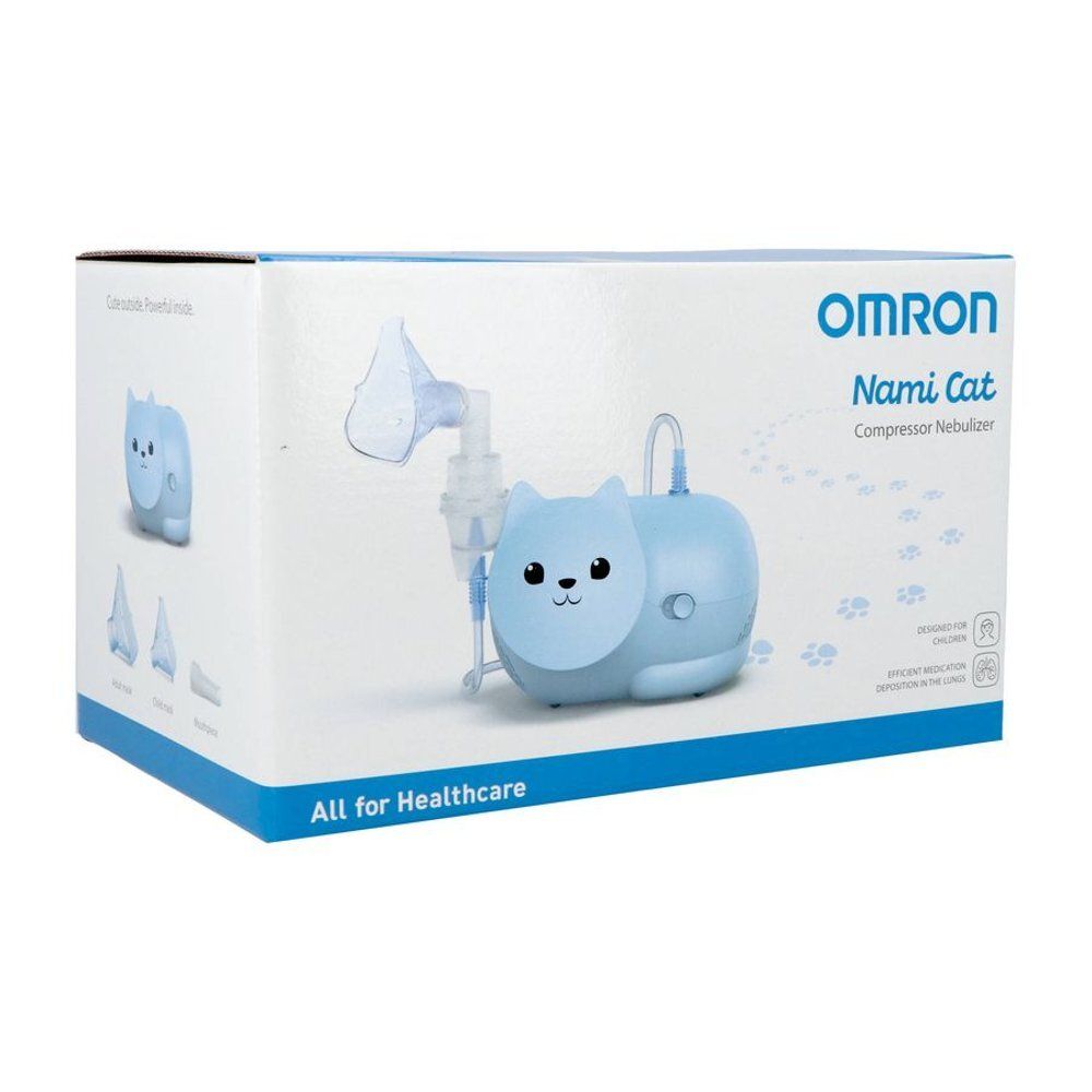 Emballage du nébuliseur Omron Nami Cat. Appareil, accessoires et texte.