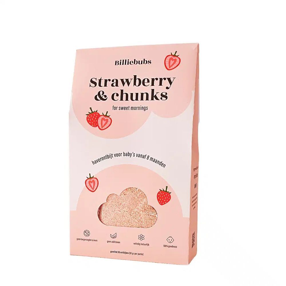 Emballage rose BILLIEBUBS, Strawberry & chunks pour matins doux. Produit visible en forme de nuage. Illustrations de fraises.