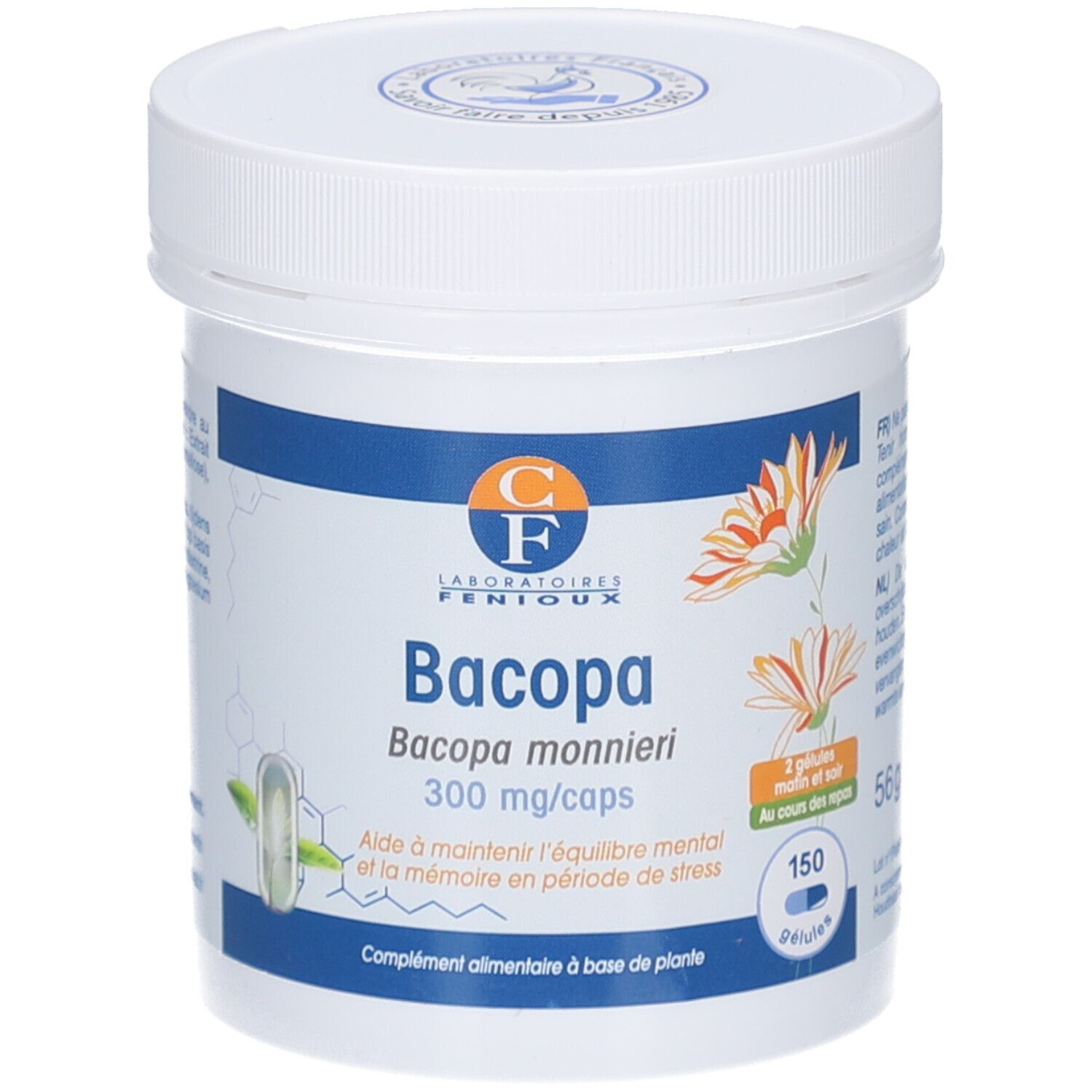 Pot blanc avec couvercle. Inscription: Bacopa, 300 mg/caps. Contient 150 gélules. Logo: Laboratoires Fenioux.