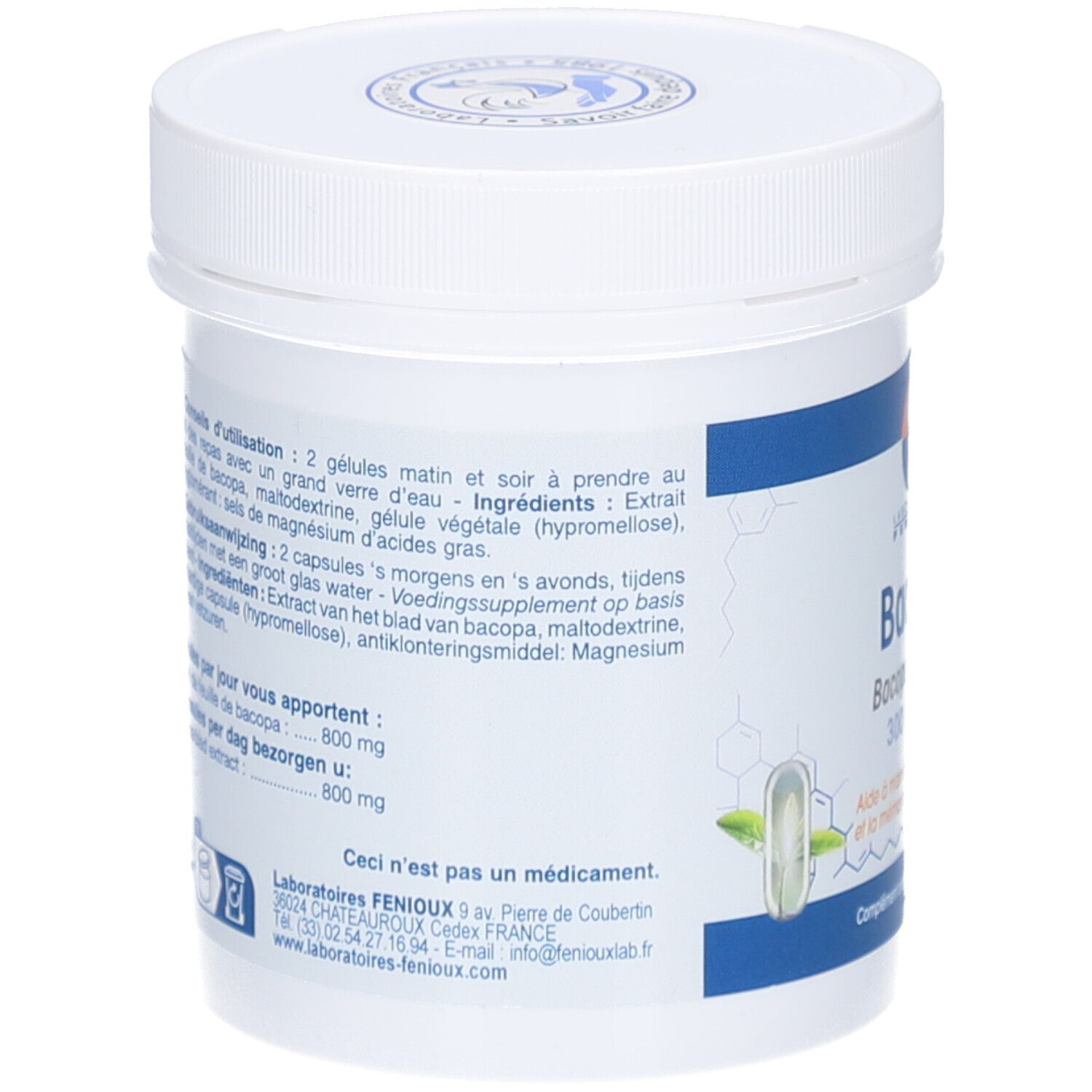 Dos du pot blanc. Texte: Ingrédients, mode d'emploi. Logo: Laboratoires Fenioux. Adresse et coordonnées.