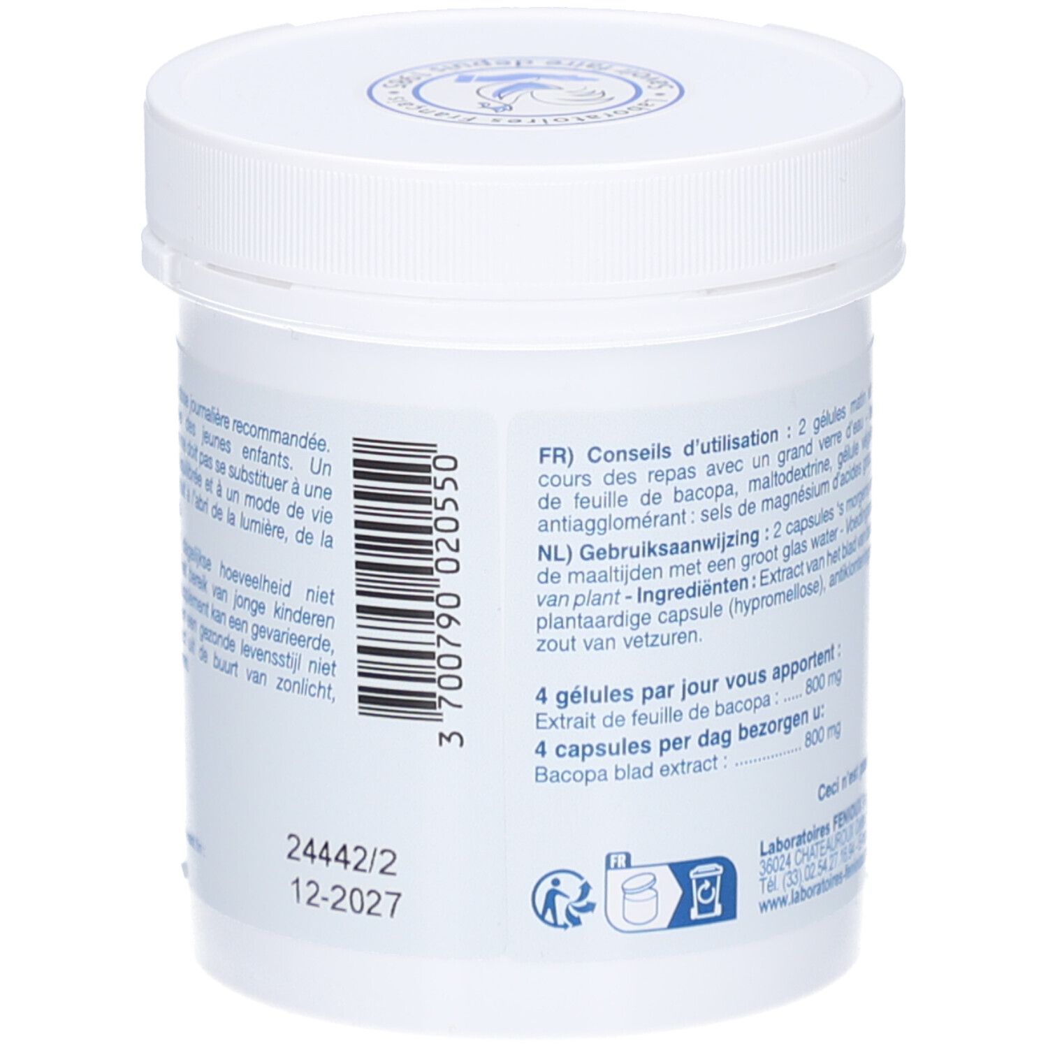 Dos du pot blanc. Texte: Conseils d'utilisation, numéro de lot, date de péremption. Logo: Laboratoires Fenioux.