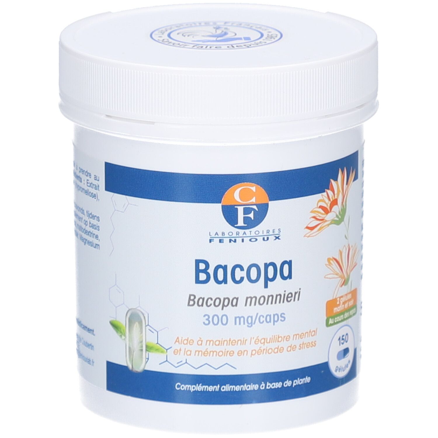 Pot blanc avec couvercle. Inscription: Bacopa, 300 mg/caps. Contient 150 gélules. Logo: Laboratoires Fenioux.