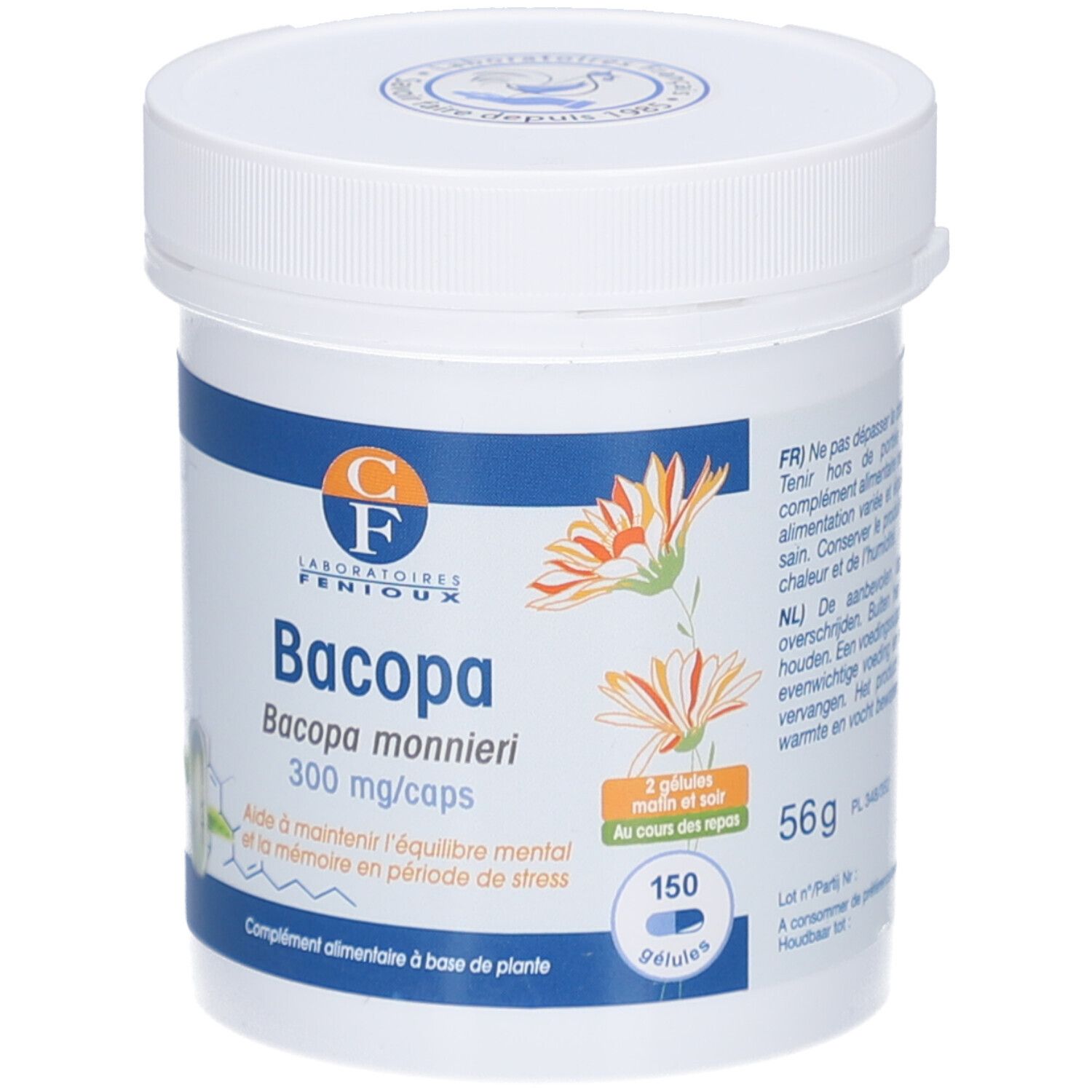 Pot blanc avec couvercle. Inscription: Bacopa, 300 mg/caps. Contient 150 gélules. Logo: Laboratoires Fenioux. 56g.