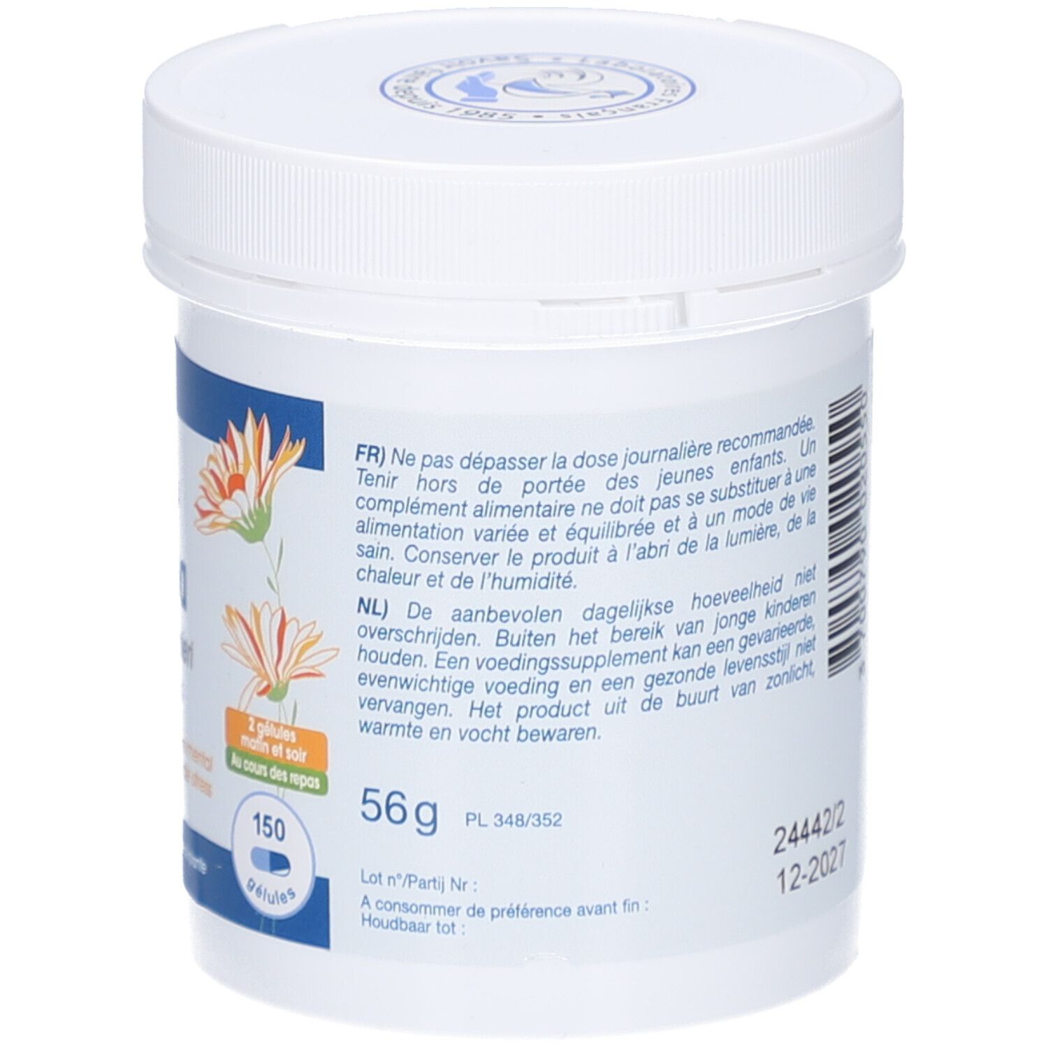 Dos du pot blanc. Texte: Conseils d'utilisation, numéro de lot, date de péremption. Logo: Laboratoires Fenioux. 56g.