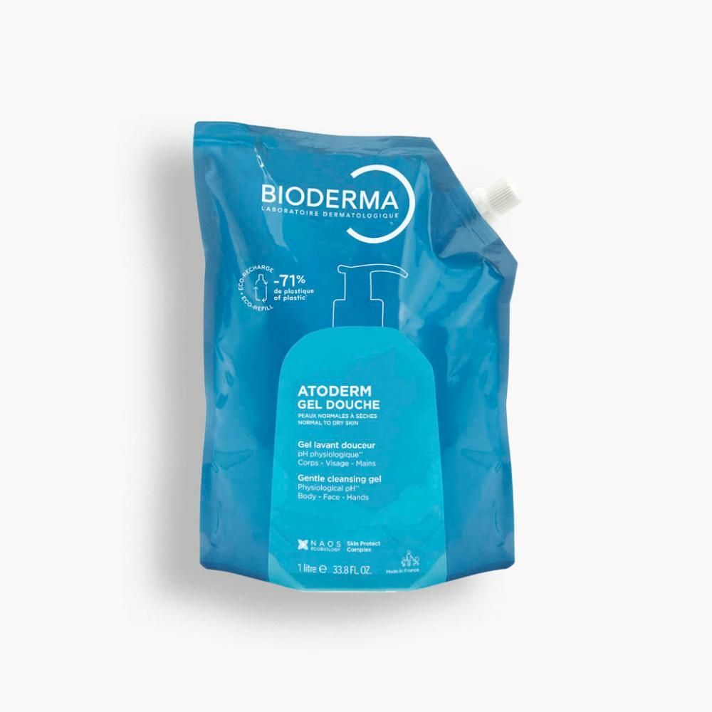 Recharge de gel douche Bioderma Atoderm. Bleu, avec image du produit. Texte: Atoderm Gel Douche, nettoyage doux, 1 litre.