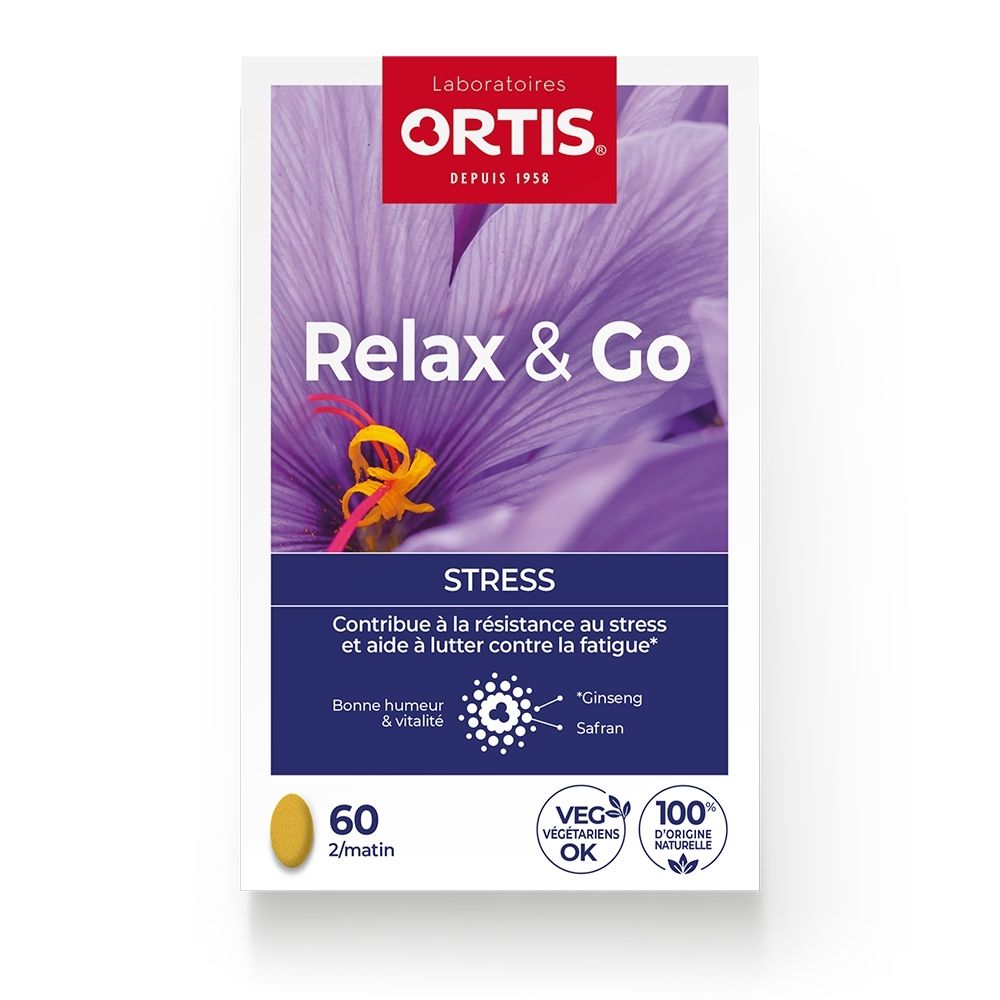 Boîte Ortis Relax & Go de 60 comprimés, axée sur la gestion du stress.