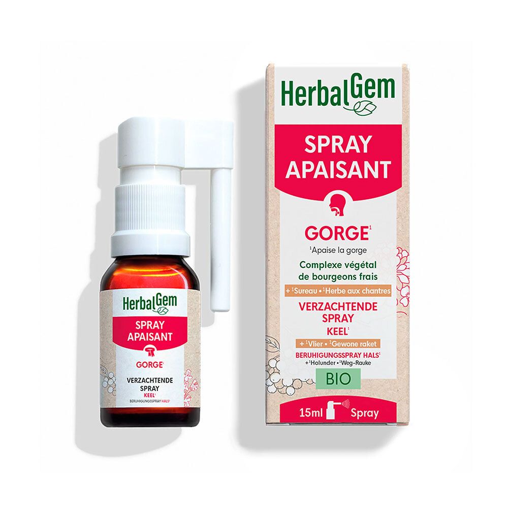 HerbalGem Spray Apaisant Gorge. Flacon et emballage. Étiquettes rouges avec texte. Certification BIO.