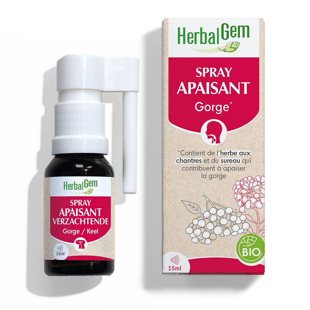 HerbalGem Spray Apaisant Gorge. Flacon et emballage. Étiquettes rouges avec texte. Certification BIO.