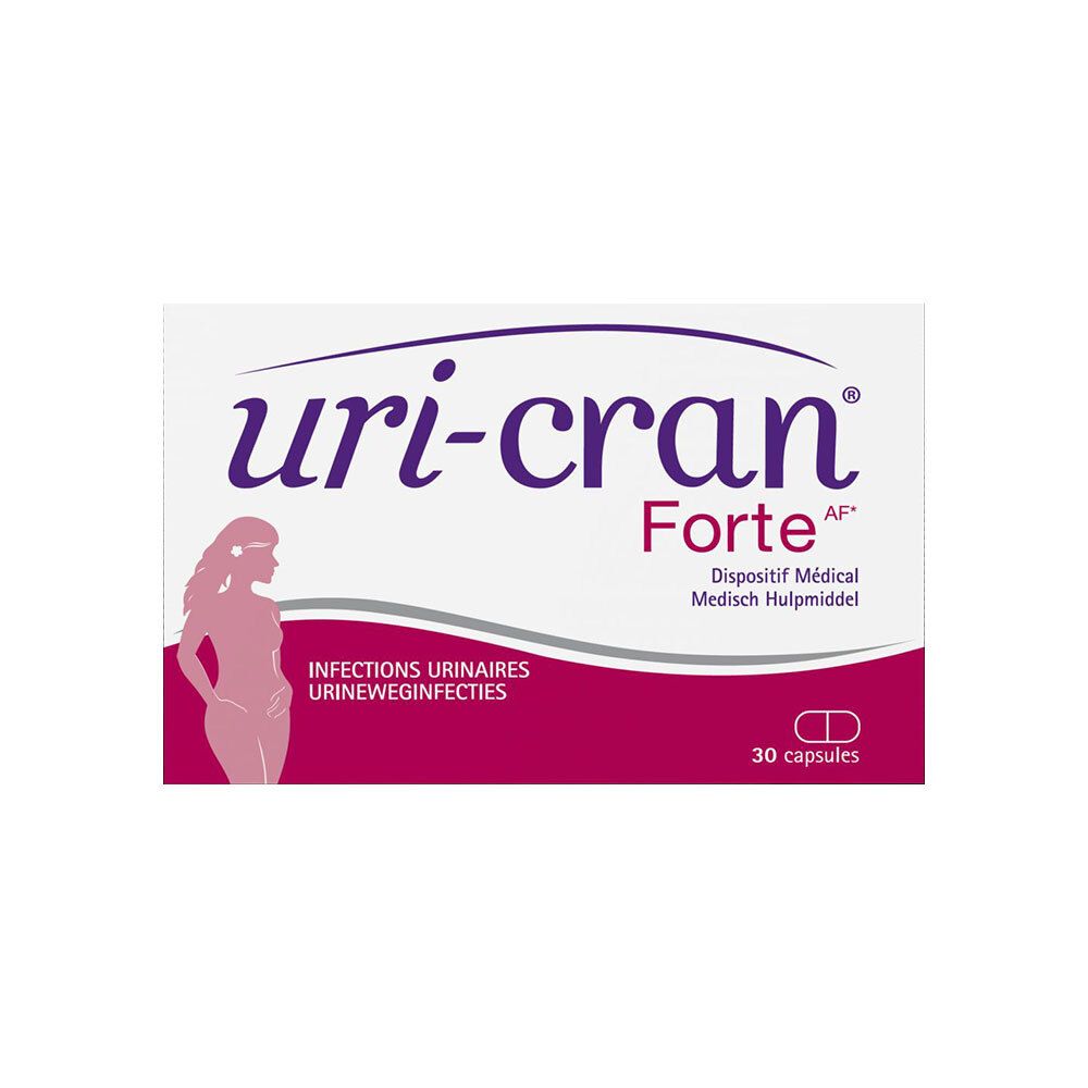 Boîte blanche avec texte « uri-cran Forte » et silhouette féminine. 30 capsules.