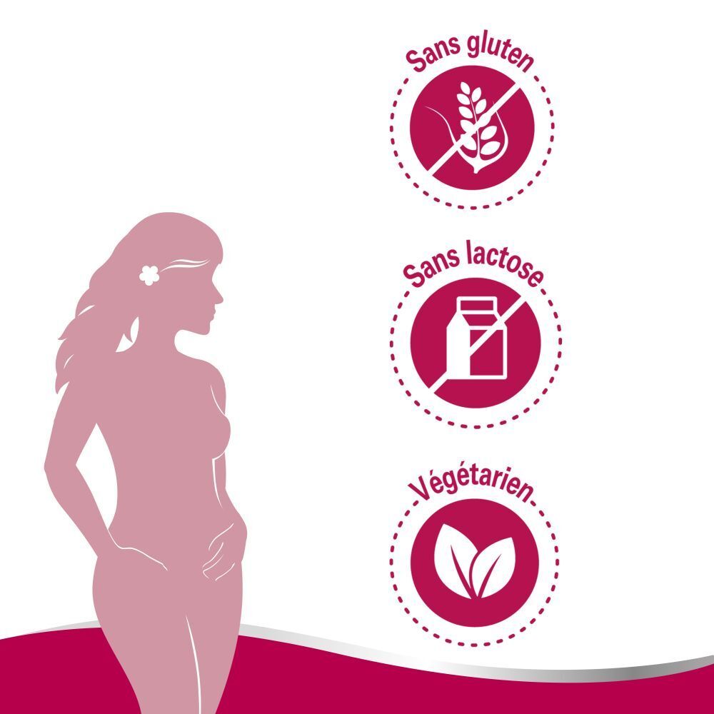 Graphique : Sans gluten, Sans lactose, Végétarien. Silhouette d'une femme.