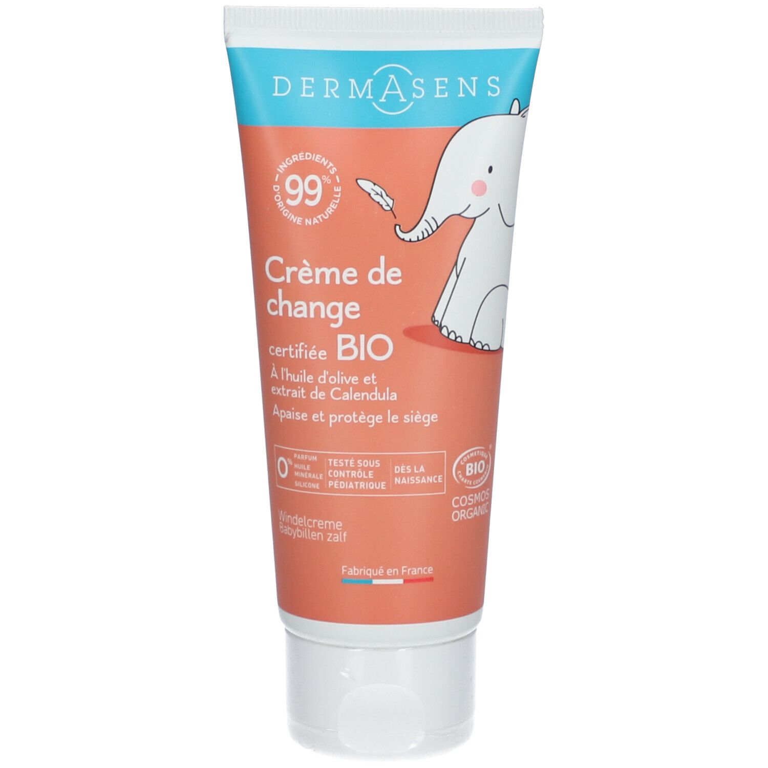 Tube de DermAsens Crème de Change. Design turquoise et orange avec illustration d'éléphant. Texte: Crème de change, certifié BIO.
