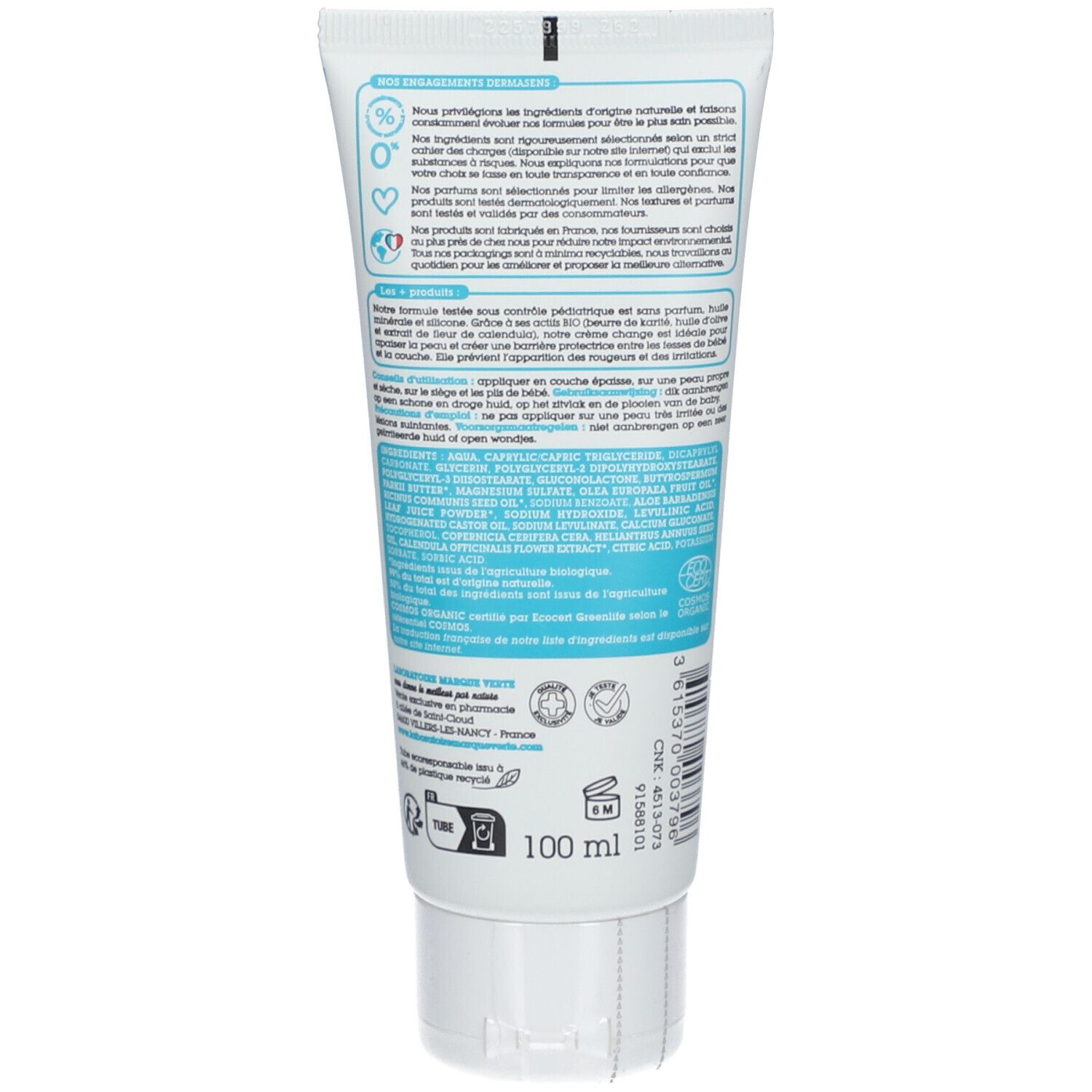 Dos du tube DermAsens Crème de Change. Fond blanc avec texte et ingrédients. Contient le logo COSMOS ORGANIC.