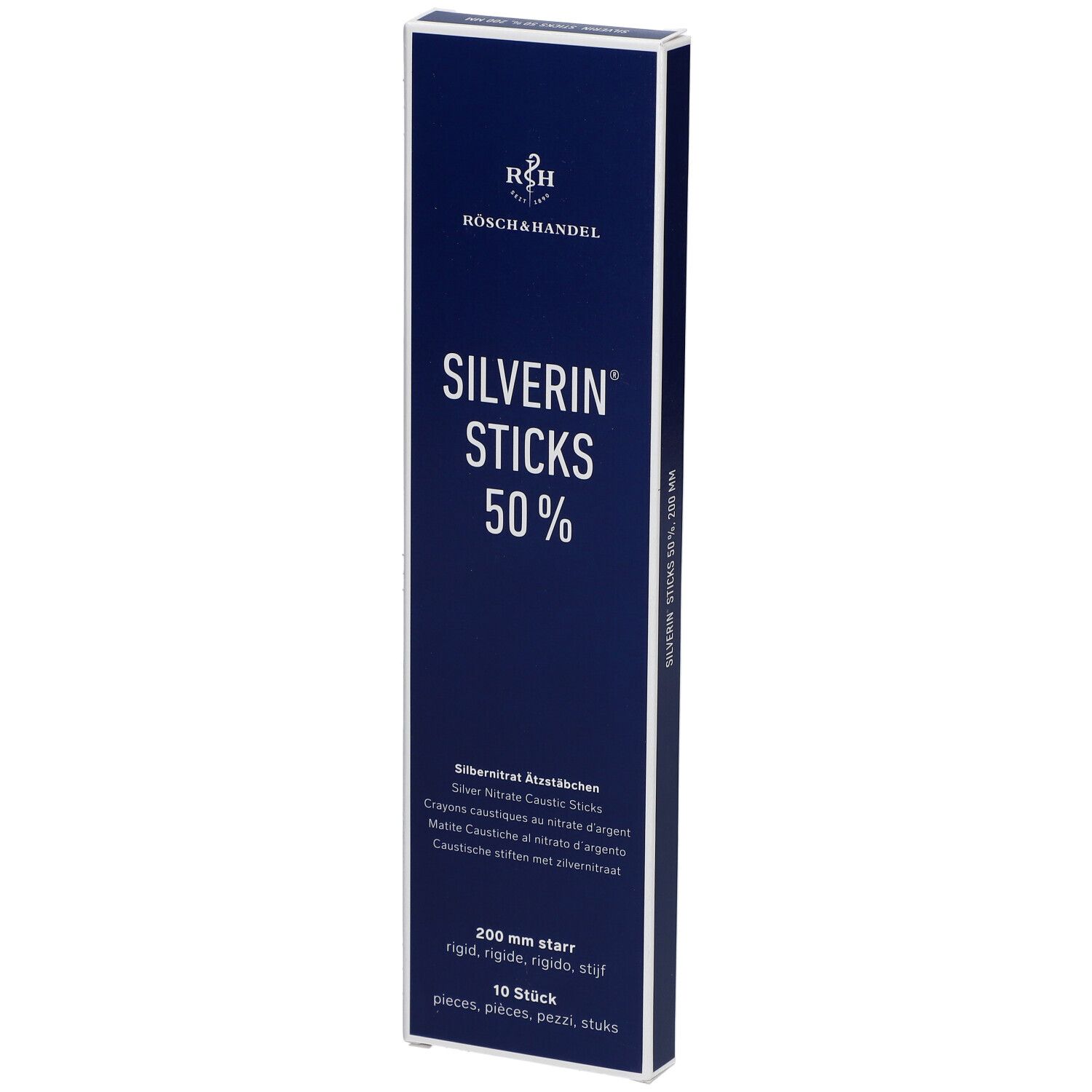 Boîte bleue et blanche avec le nom du produit Silverin Sticks 50%. 200 mm, 10 pièces. Logo RÖSCHAHANDEL.