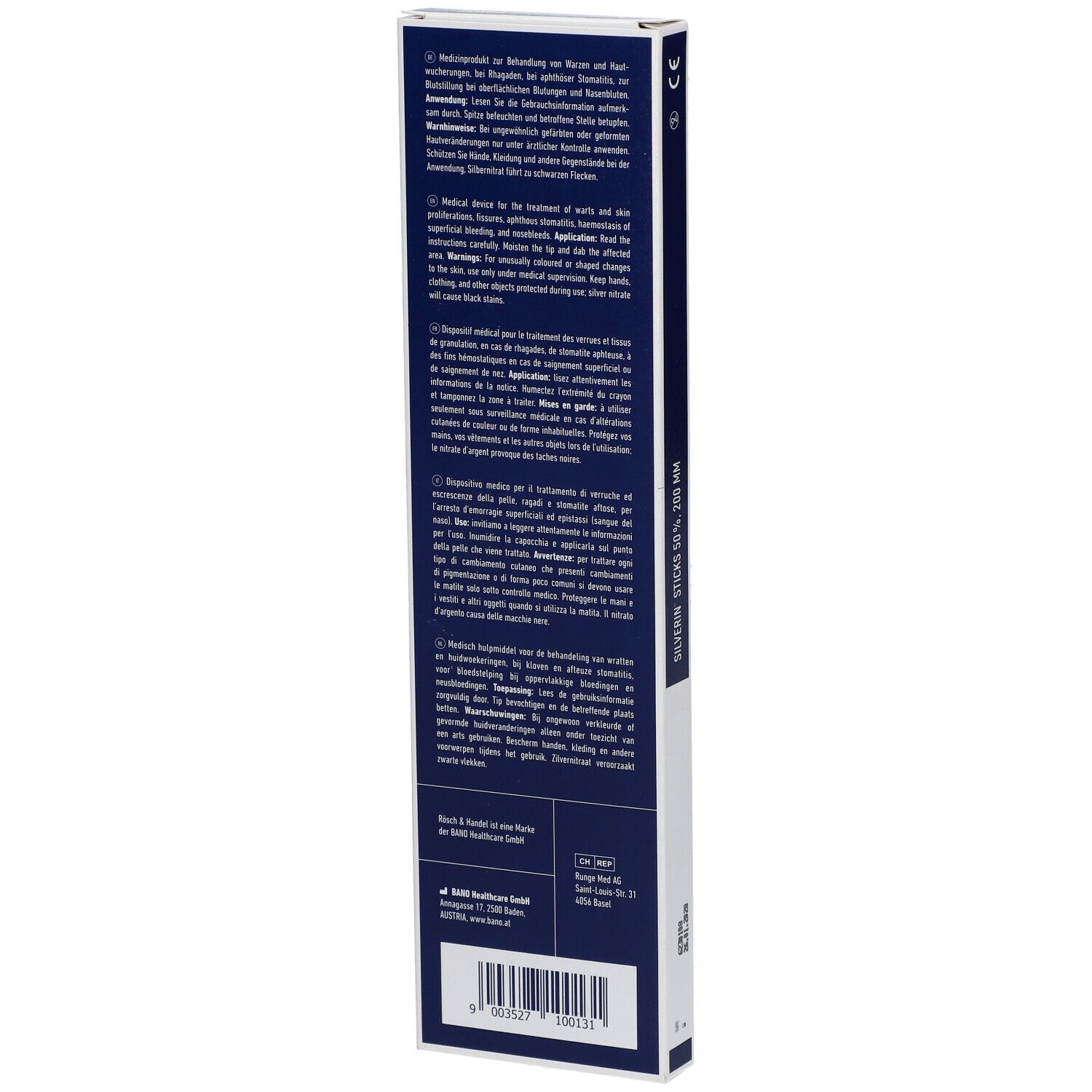 Dos de l'emballage avec texte. Nom du produit Silverin Sticks 50%. Informations sur l'utilisation et les ingrédients.