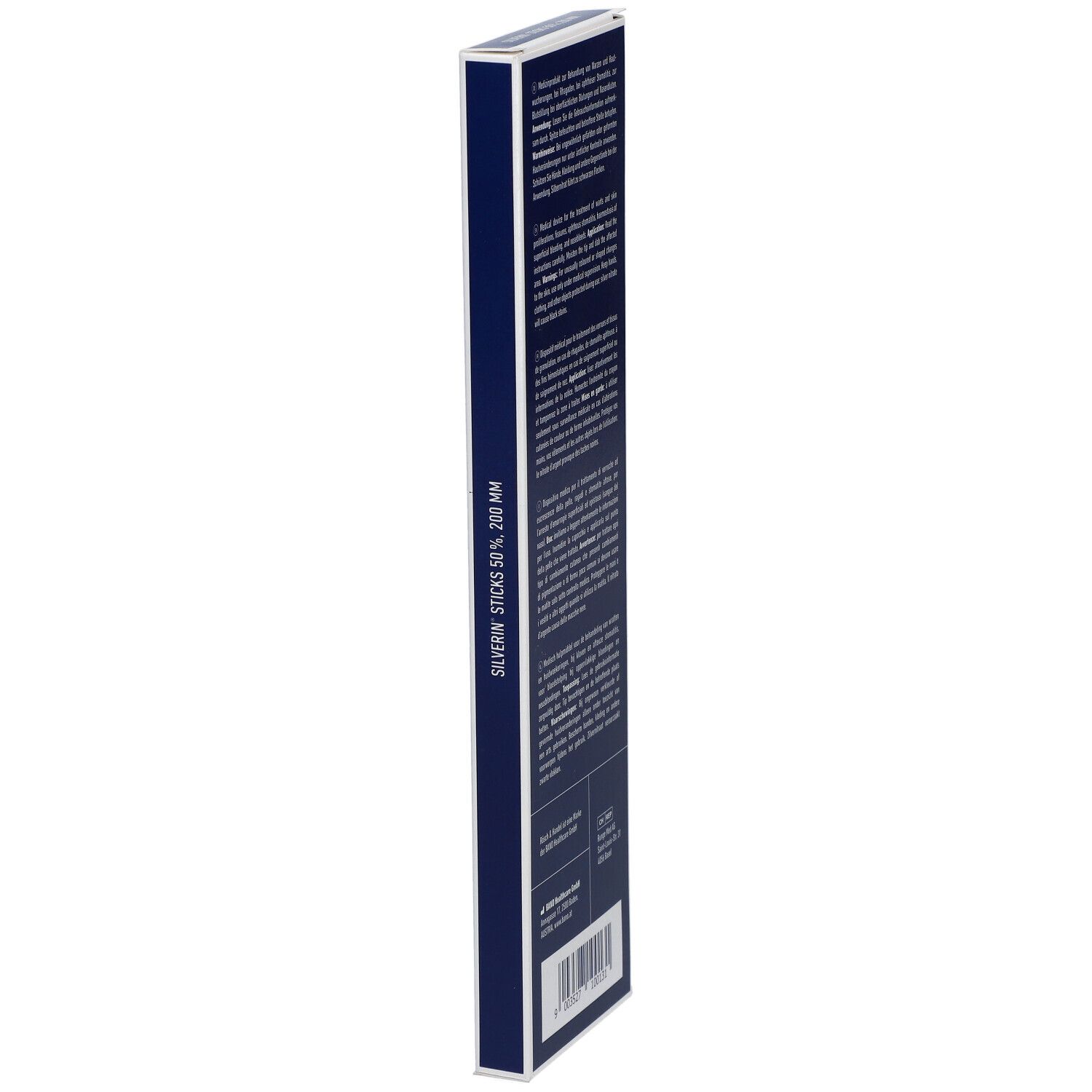 Emballage bleu étroit avec texte. Nom du produit Silverin Sticks 50%. Informations sur l'utilisation et les ingrédients.