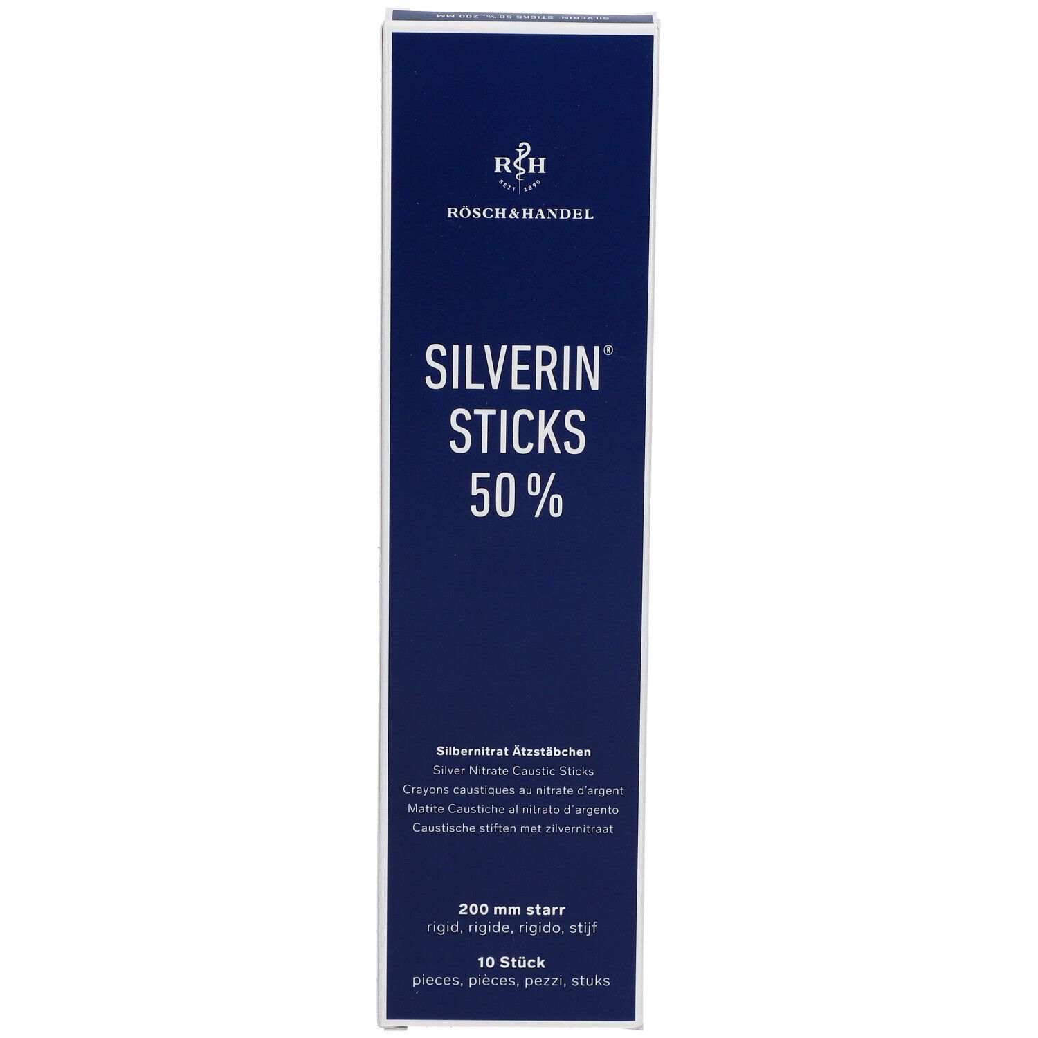 Boîte bleue et blanche avec le nom du produit Silverin Sticks 50%. 200 mm, 10 pièces. Logo RÖSCHAHANDEL.