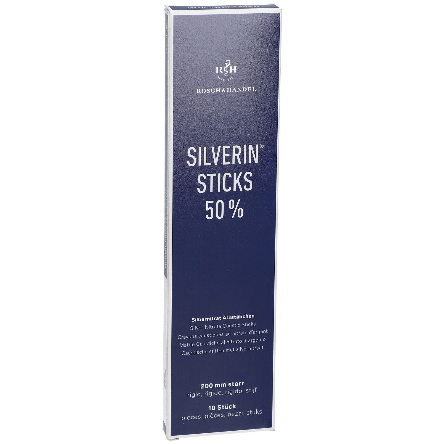 Boîte bleue et blanche avec le nom du produit Silverin Sticks 50%. 200 mm, 10 pièces. Logo RÖSCHAHANDEL.