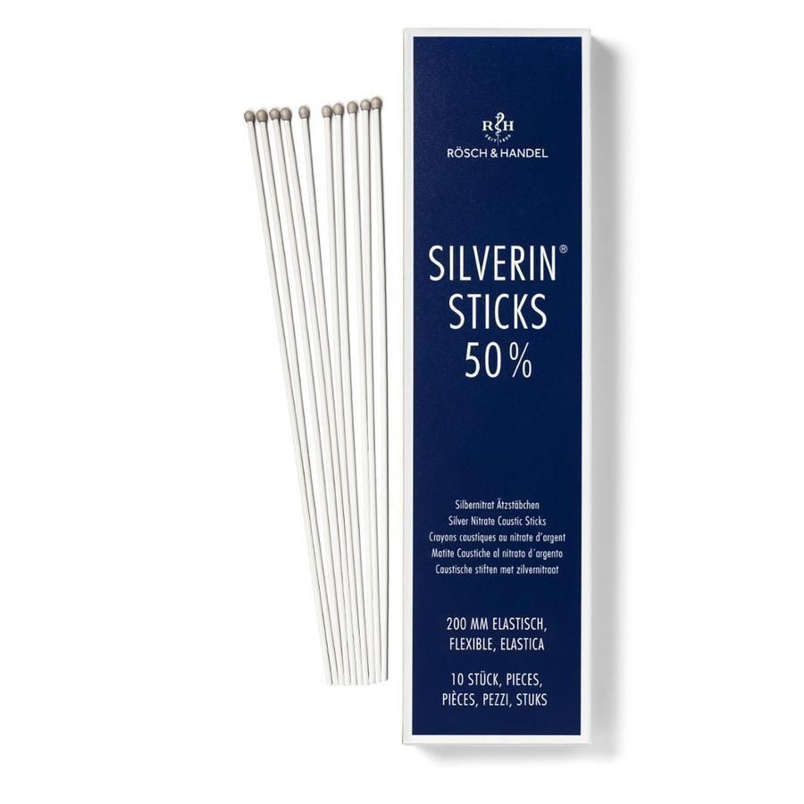 Boîte ouverte avec SILVERIN STICKS 50%. 10 bâtonnets à pointes argentées. Emballage bleu.