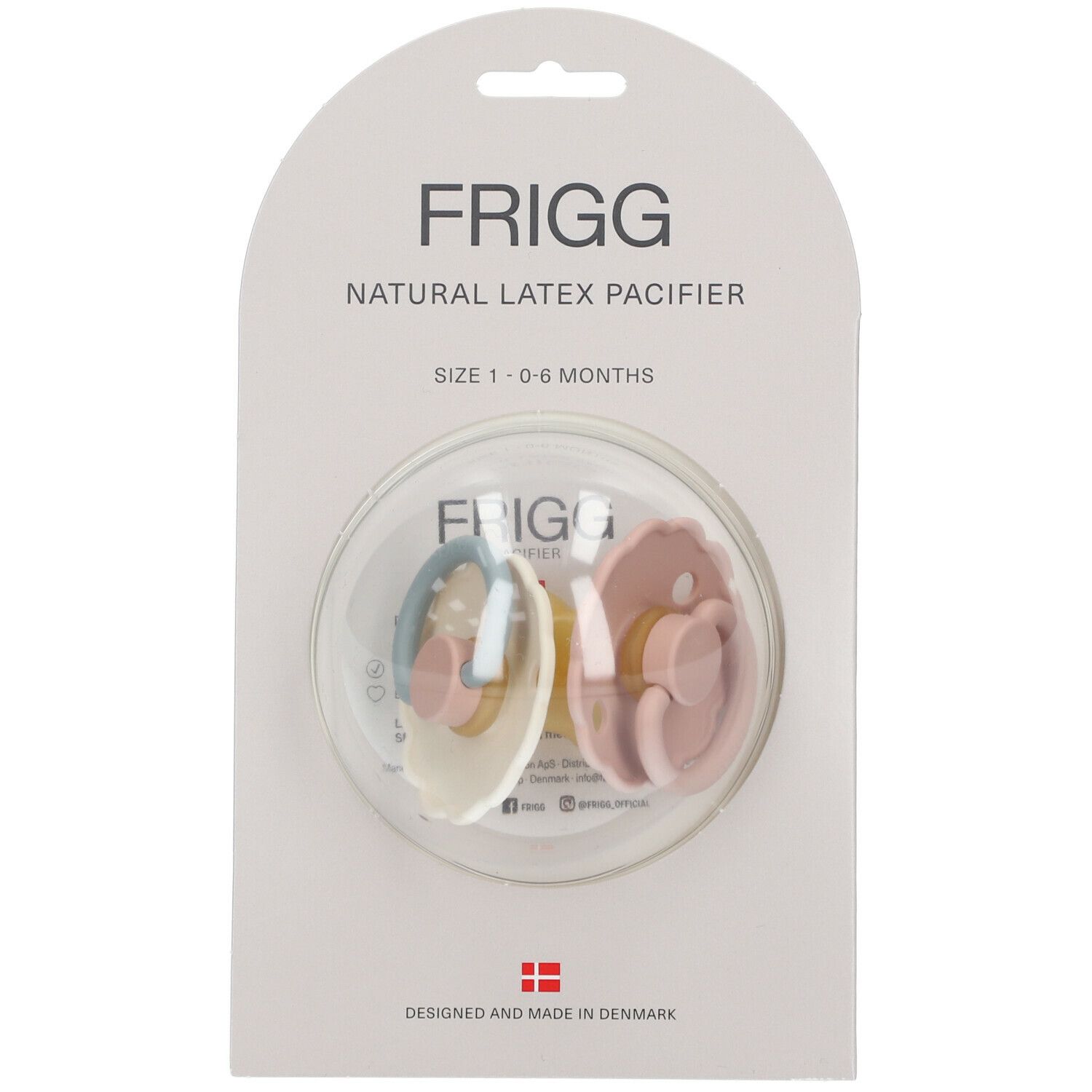 FRIGG Sucette Candy, 0-6 mois, en emballage. Deux sucettes dans un contenant transparent, rose et bleu clair.